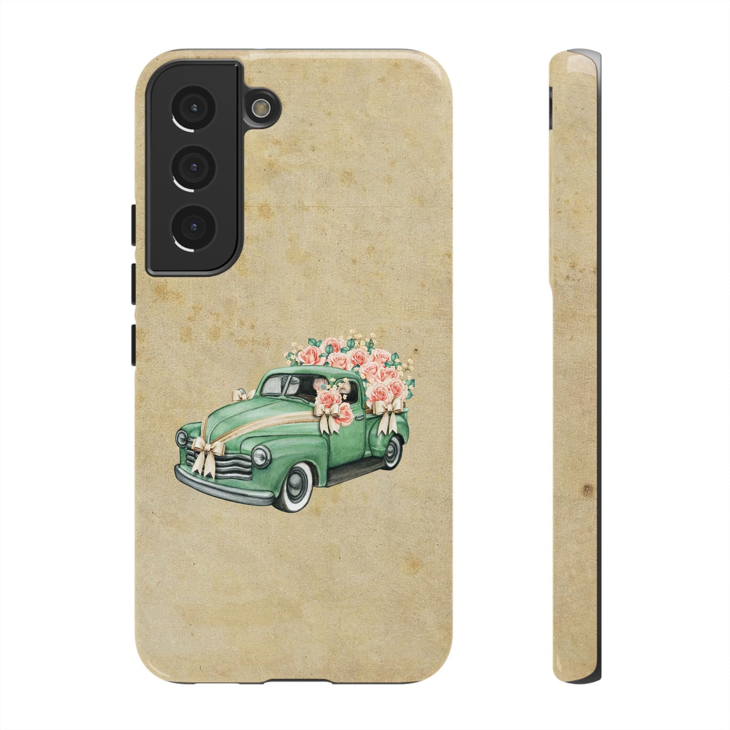 Minimal Vintage Floral Car Phone Case – Green Classic Car on Beige Background – for iPhone, Samsung & Google Pixel