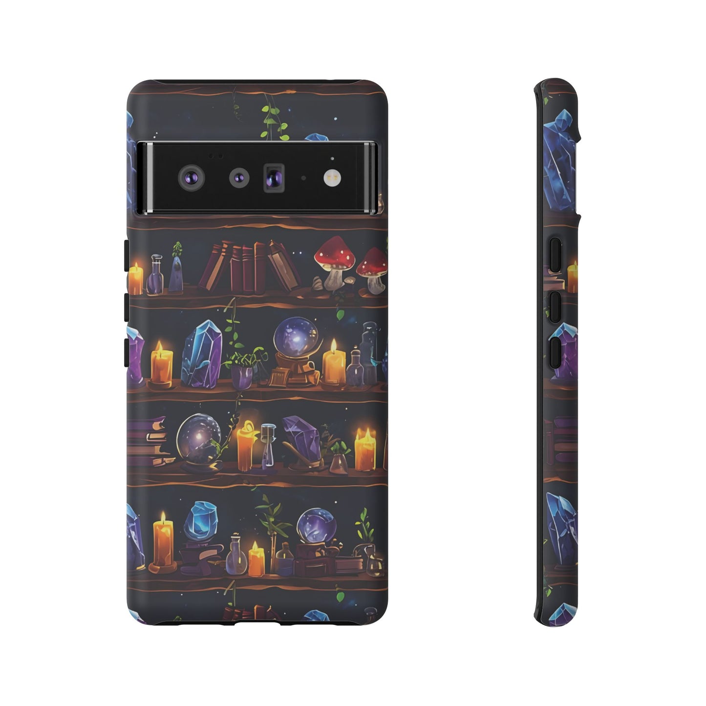 Fantasy Seamless Pattern Of Wooden Shelves Filled With Mystical Items phone case design.