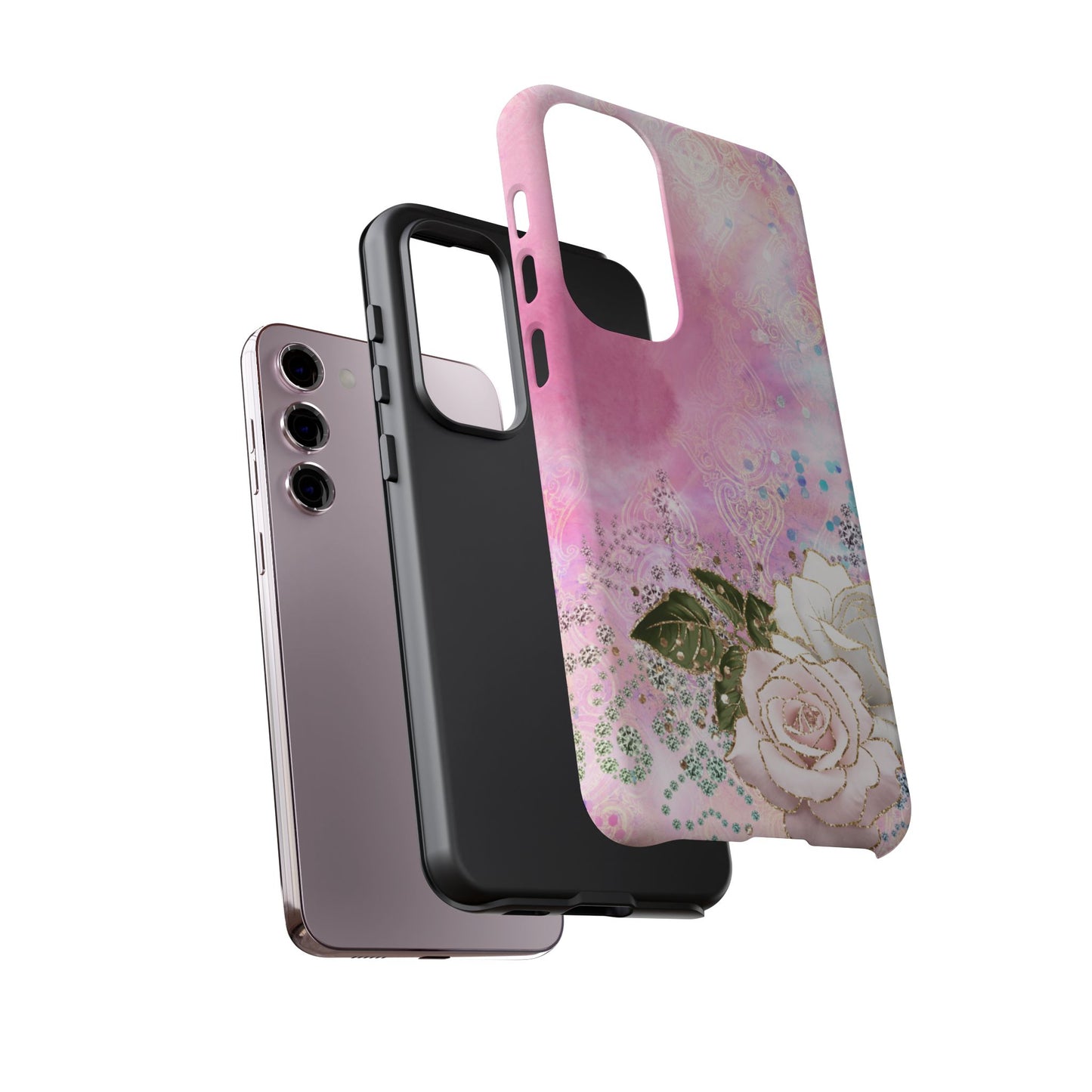 Luxury Pink & White Rose Glitter Mobile Case – Elegant & Shimmering Design