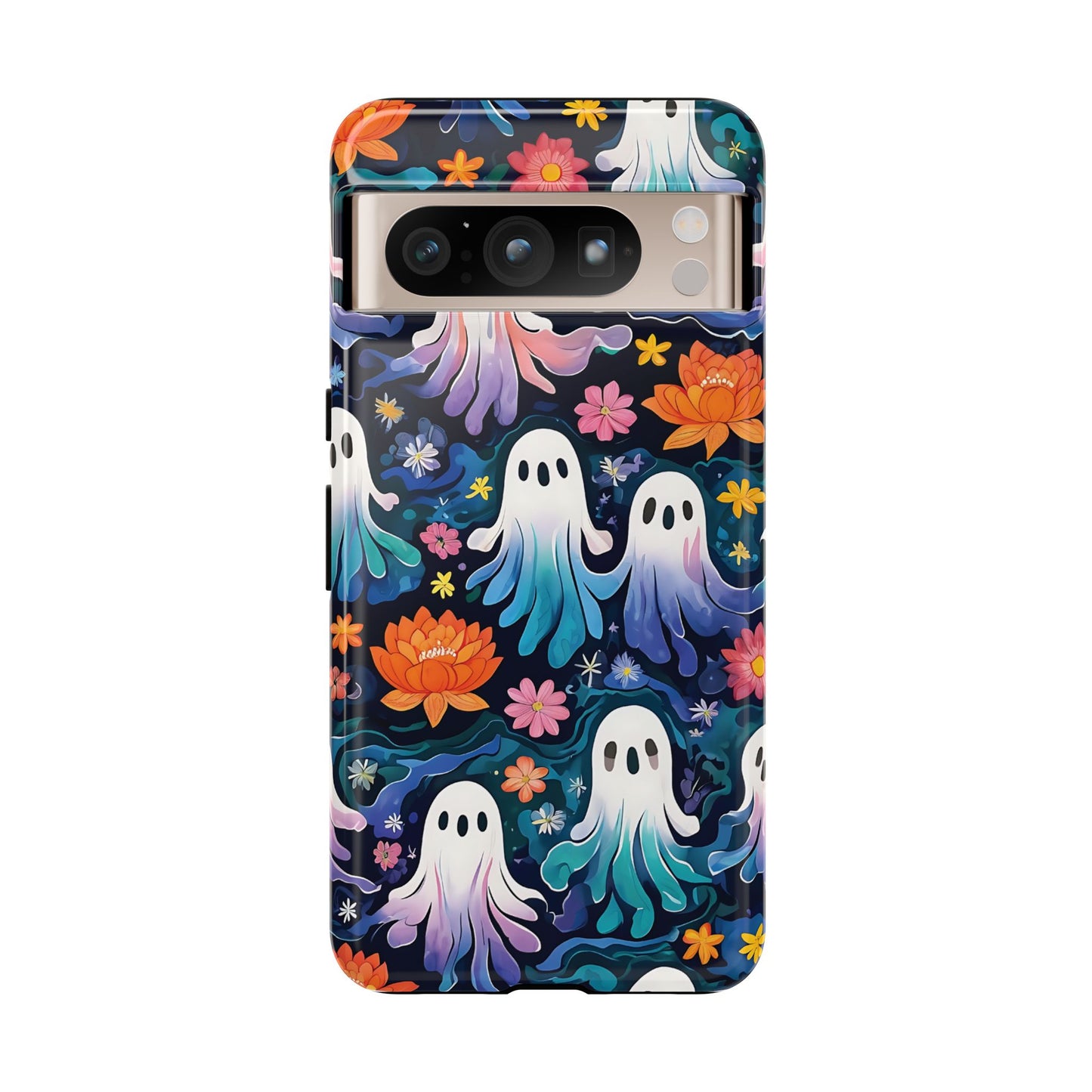 Whimsical Pattern Of Ghosts And Colorful Flowers phone case design.