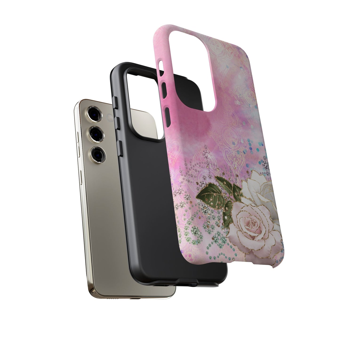 Luxury Pink & White Rose Glitter Mobile Case – Elegant & Shimmering Design