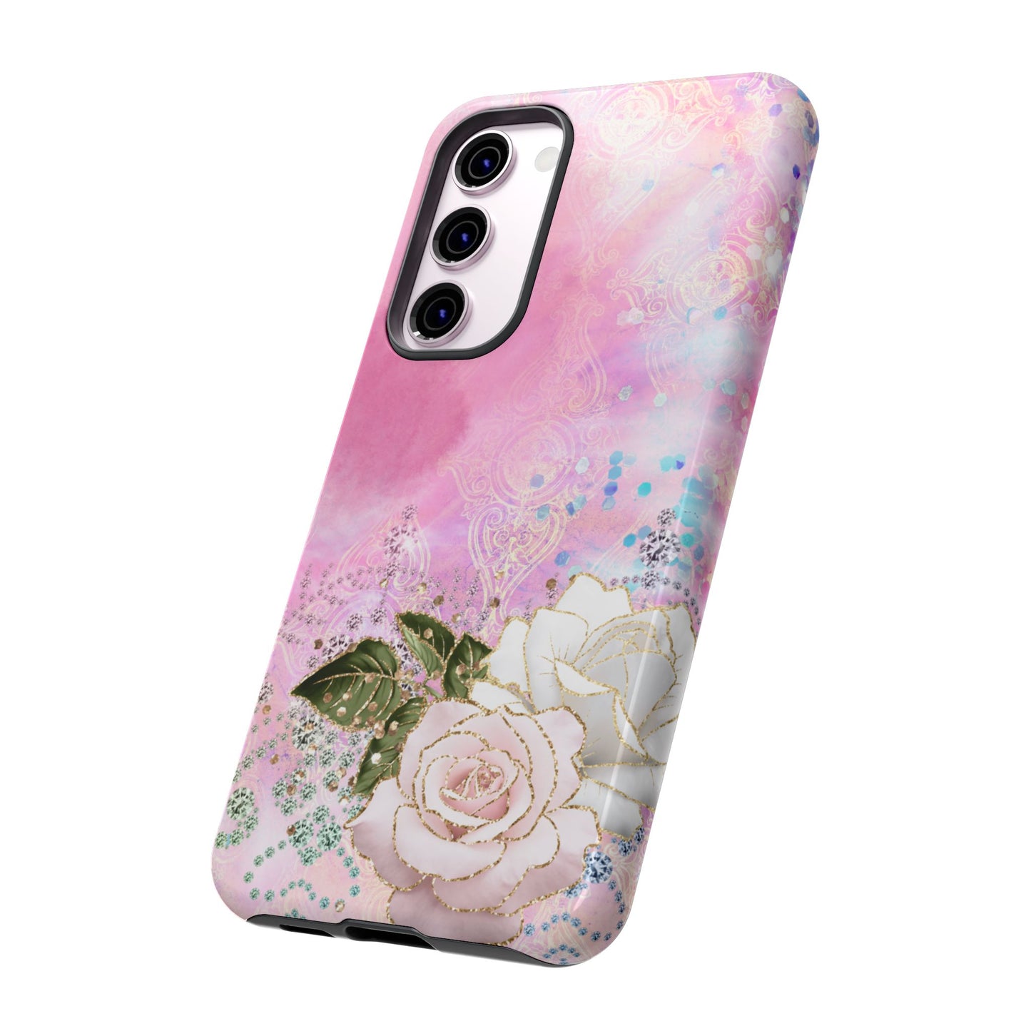 Luxury Pink & White Rose Glitter Mobile Case – Elegant & Shimmering Design