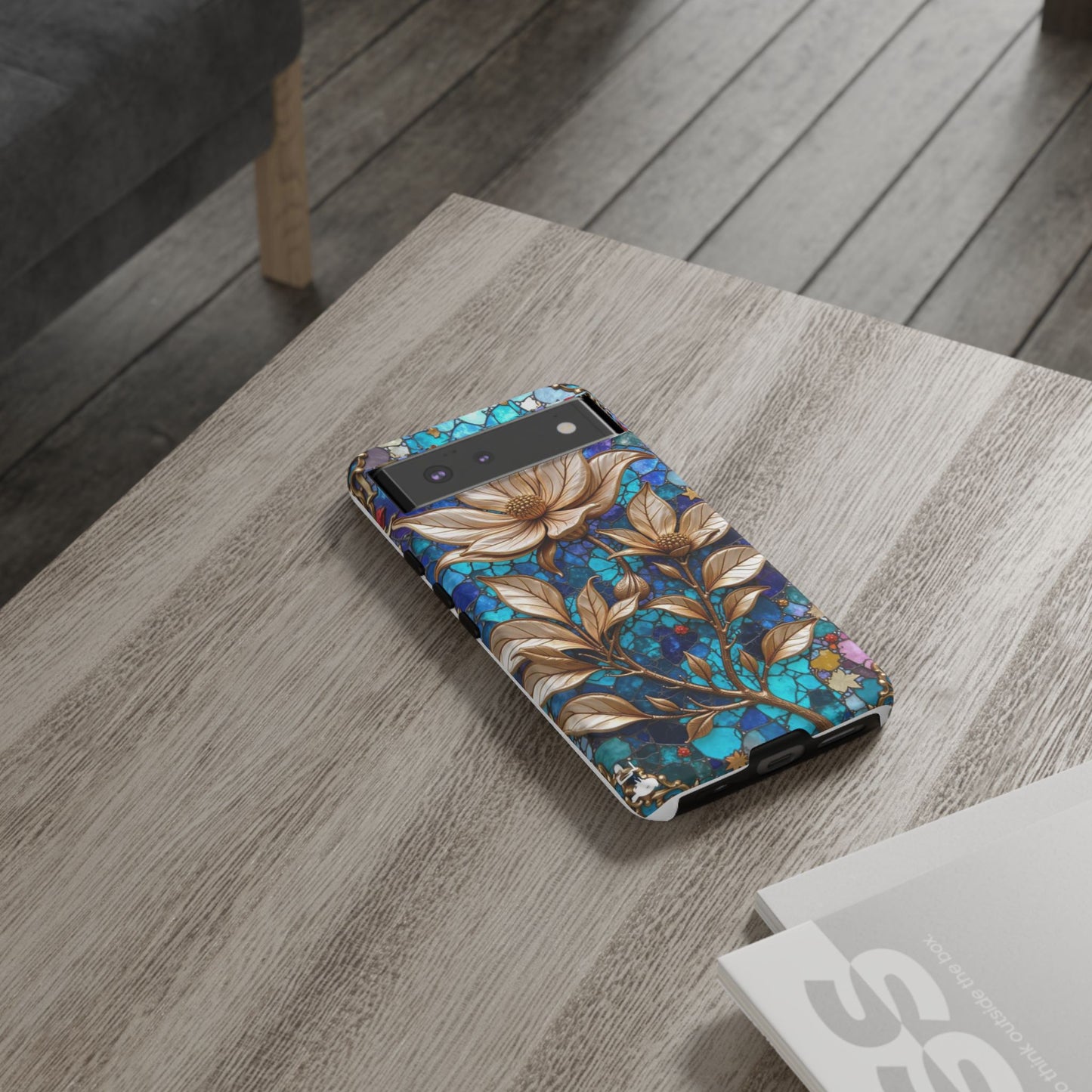 Golden Blossoms on Mosaic Blue Elegance