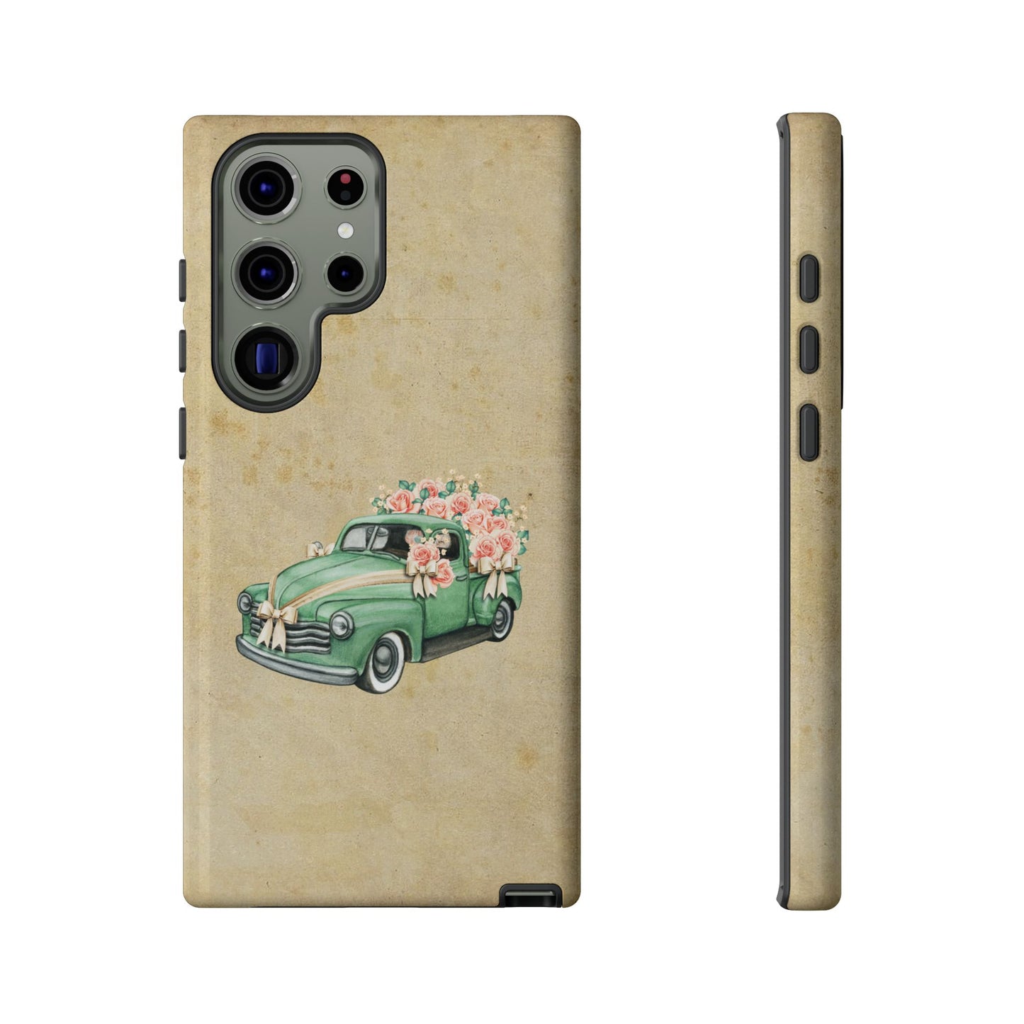 Minimal Vintage Floral Car Phone Case – Green Classic Car on Beige Background – for iPhone, Samsung & Google Pixel