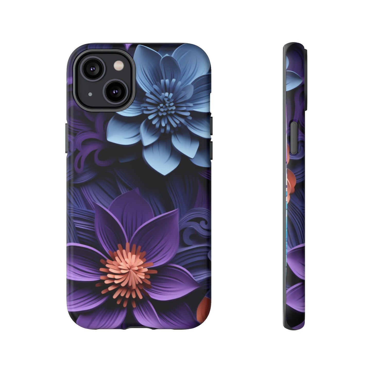 3D Floral Elegance Mobile Case – Midnight Blue & Purple Bloom
