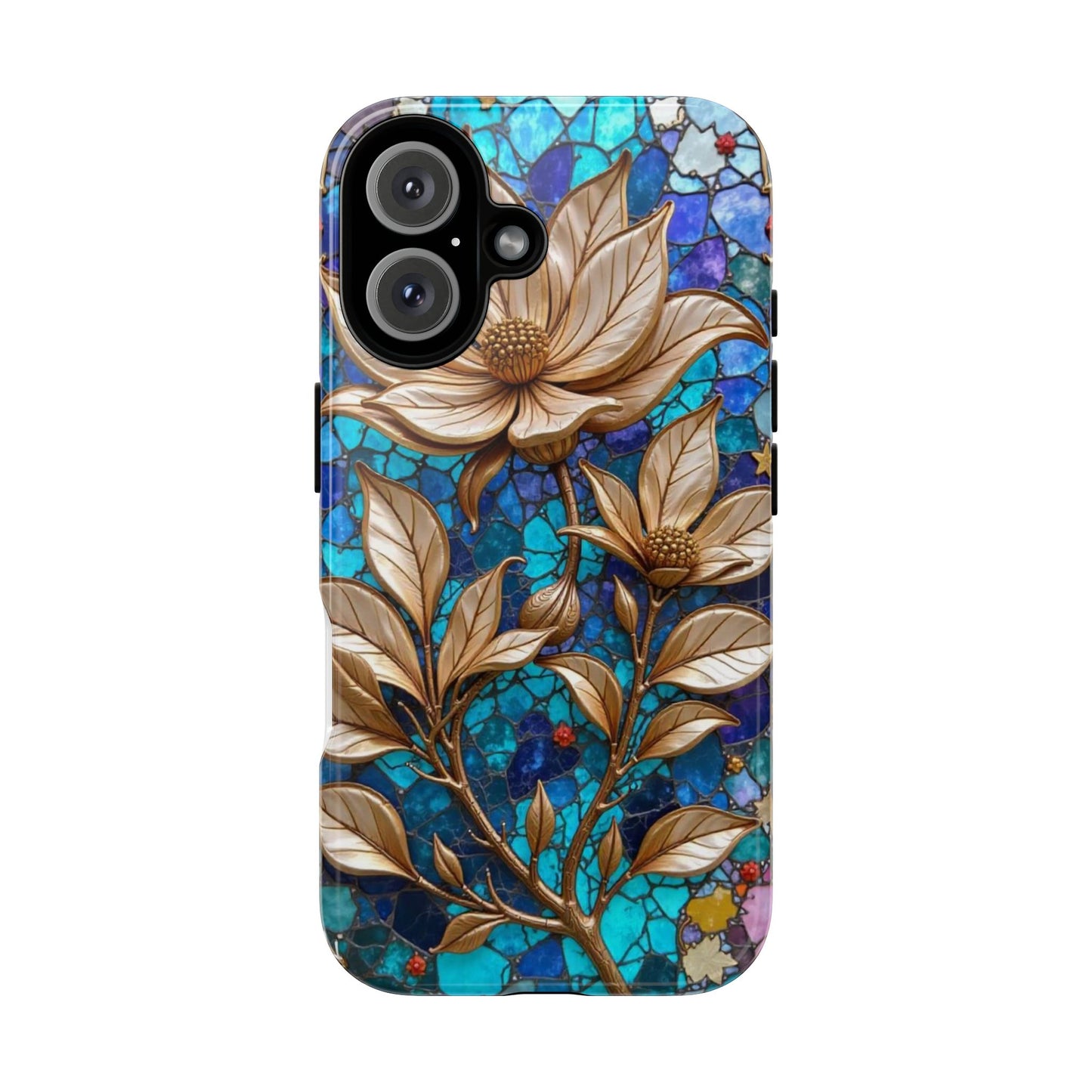 Golden Blossoms on Mosaic Blue Elegance