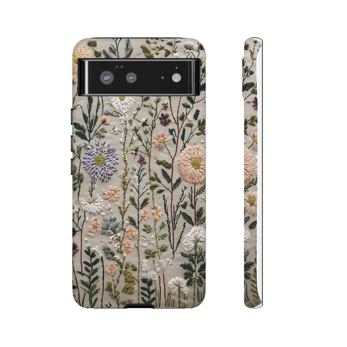 Intricate Embroidery Artwork Featuring Botanical Elements On Beige phone case design.