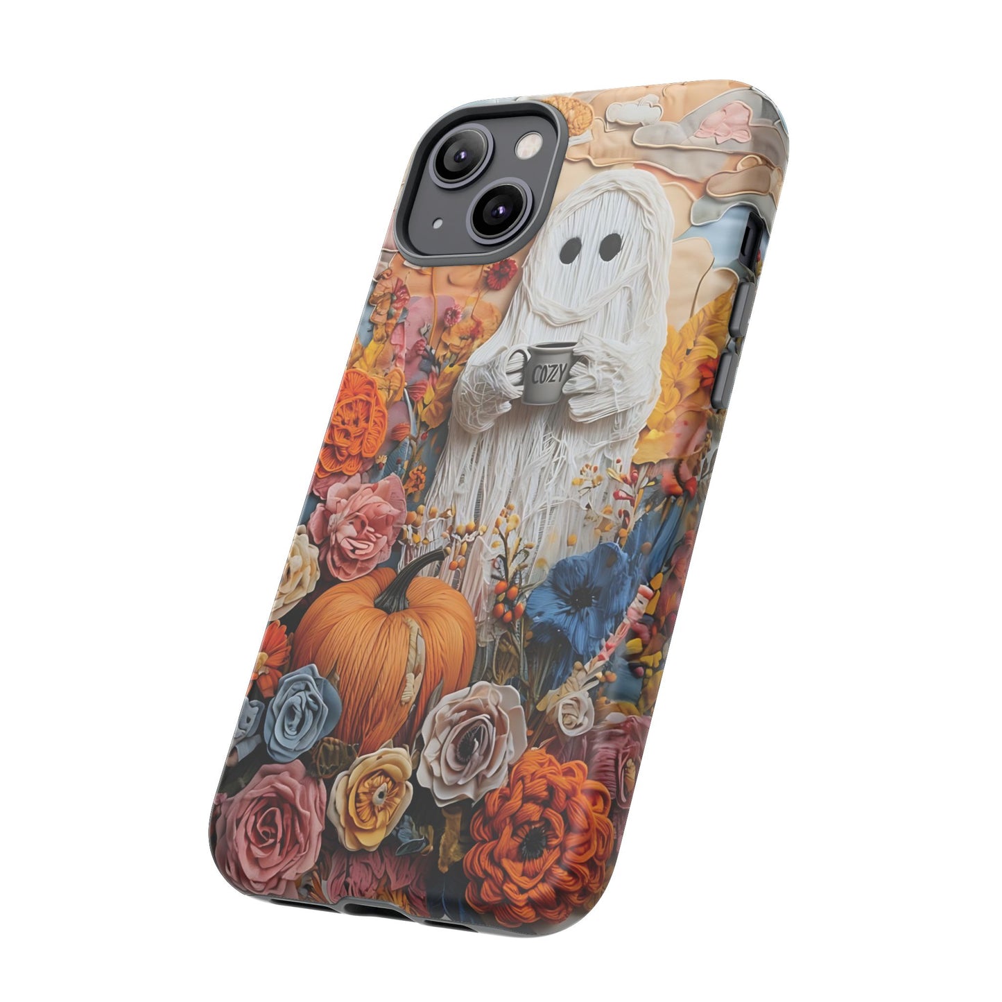 Colorful Whimsical Artwork of Ghost in Autumn Scene phone case design.