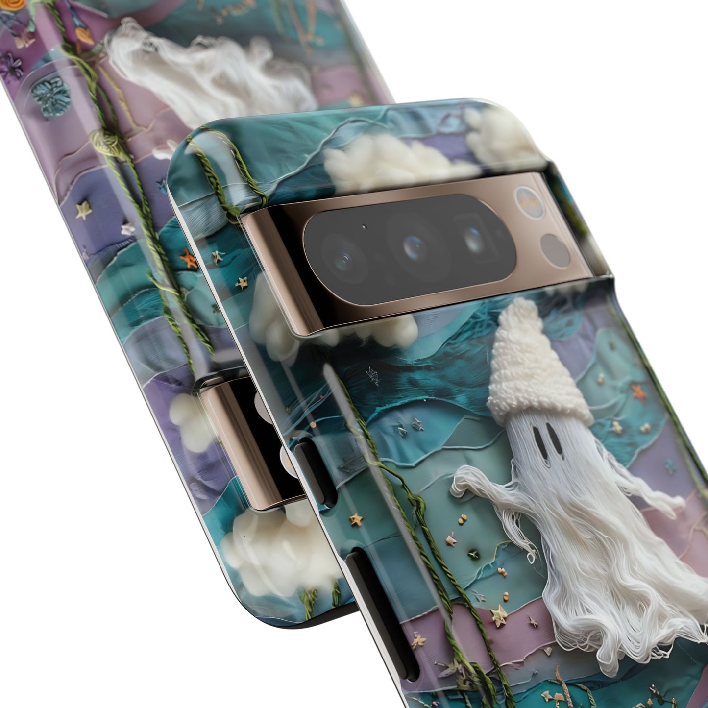 Whimsical Ghost Surrounded By Vibrant Embroidered Flowers phone case design.