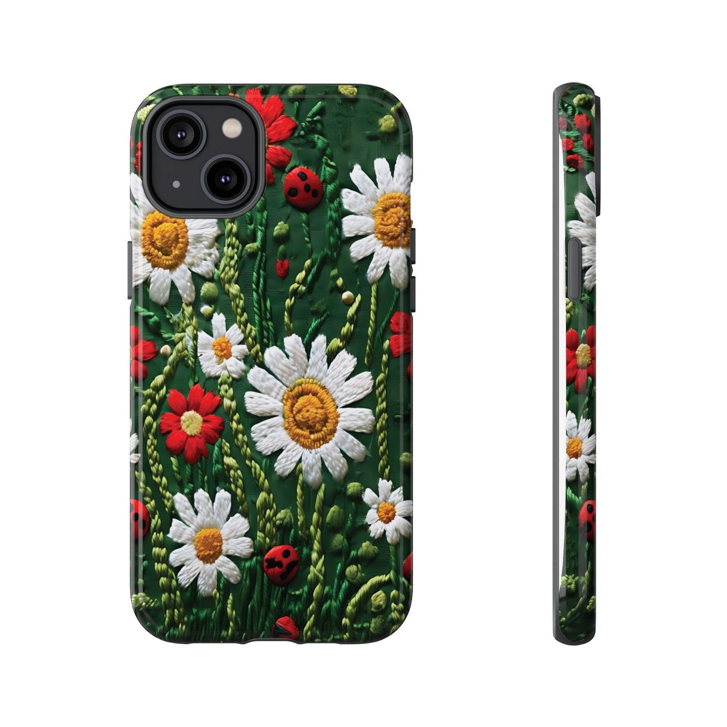 Intricate Embroidered Fabric Featuring Daisies And Ladybugs phone case design