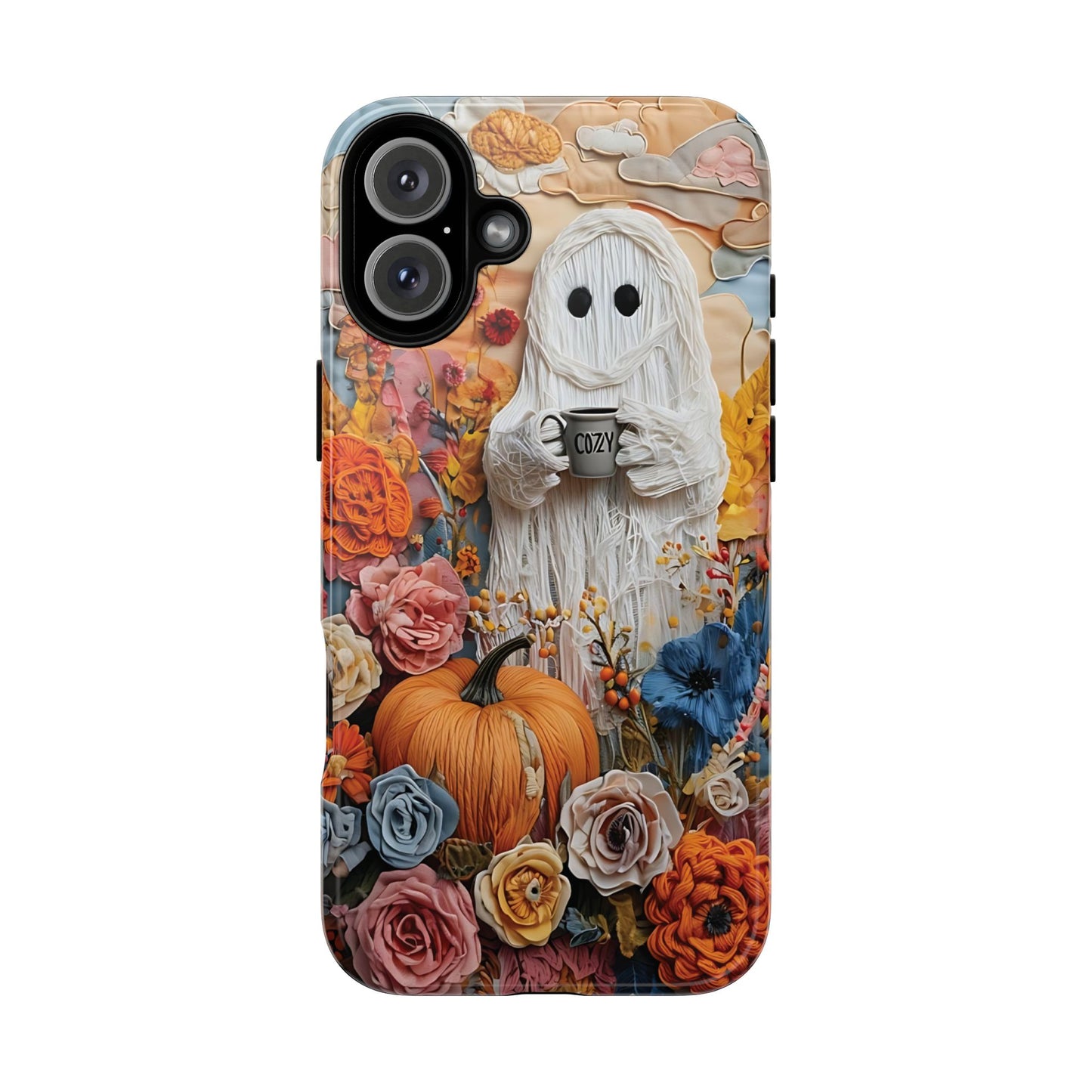 Colorful Whimsical Artwork of Ghost in Autumn Scene phone case design.