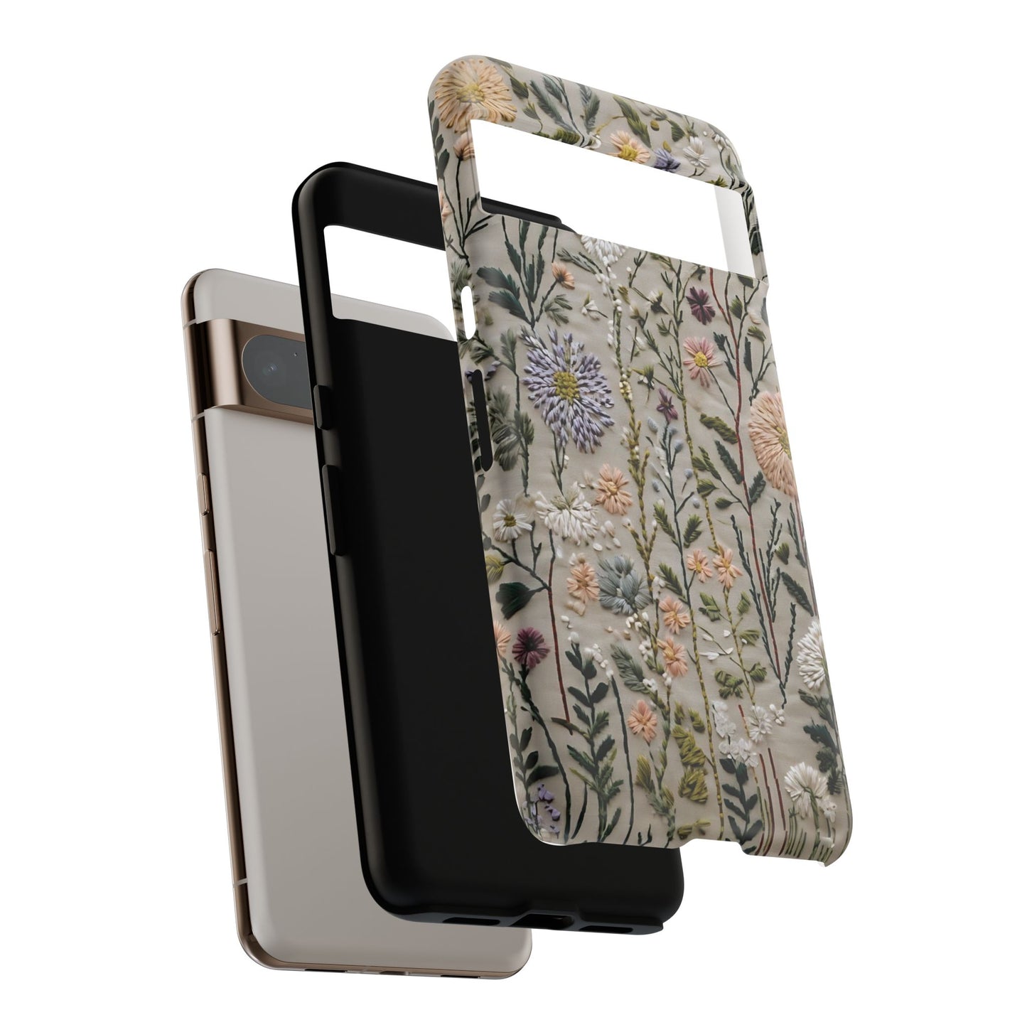 Intricate Embroidery Artwork Featuring Botanical Elements On Beige phone case design.