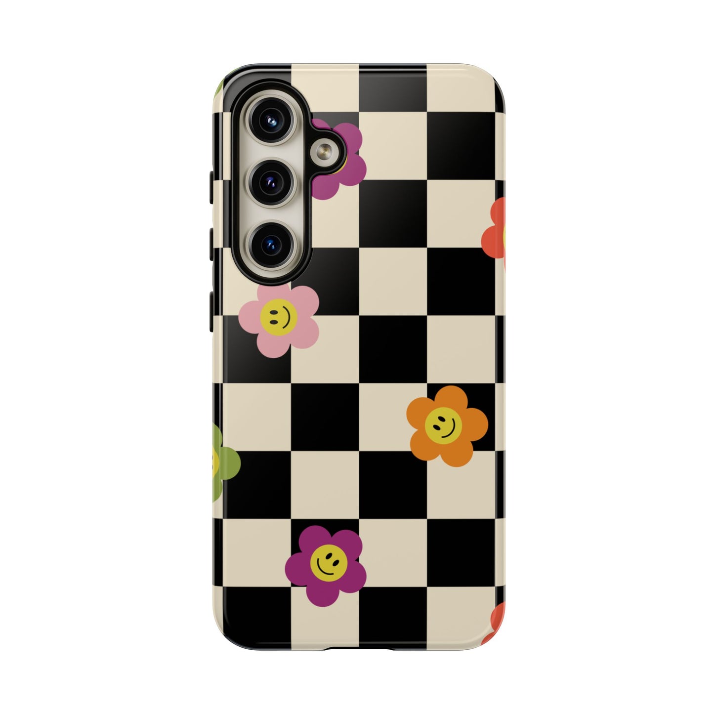 Retro Floral Phone Case – Vintage Flowers on Black & Beige Tiles, Chess Phone Case | For iPhone, Samsung & Google Pixel