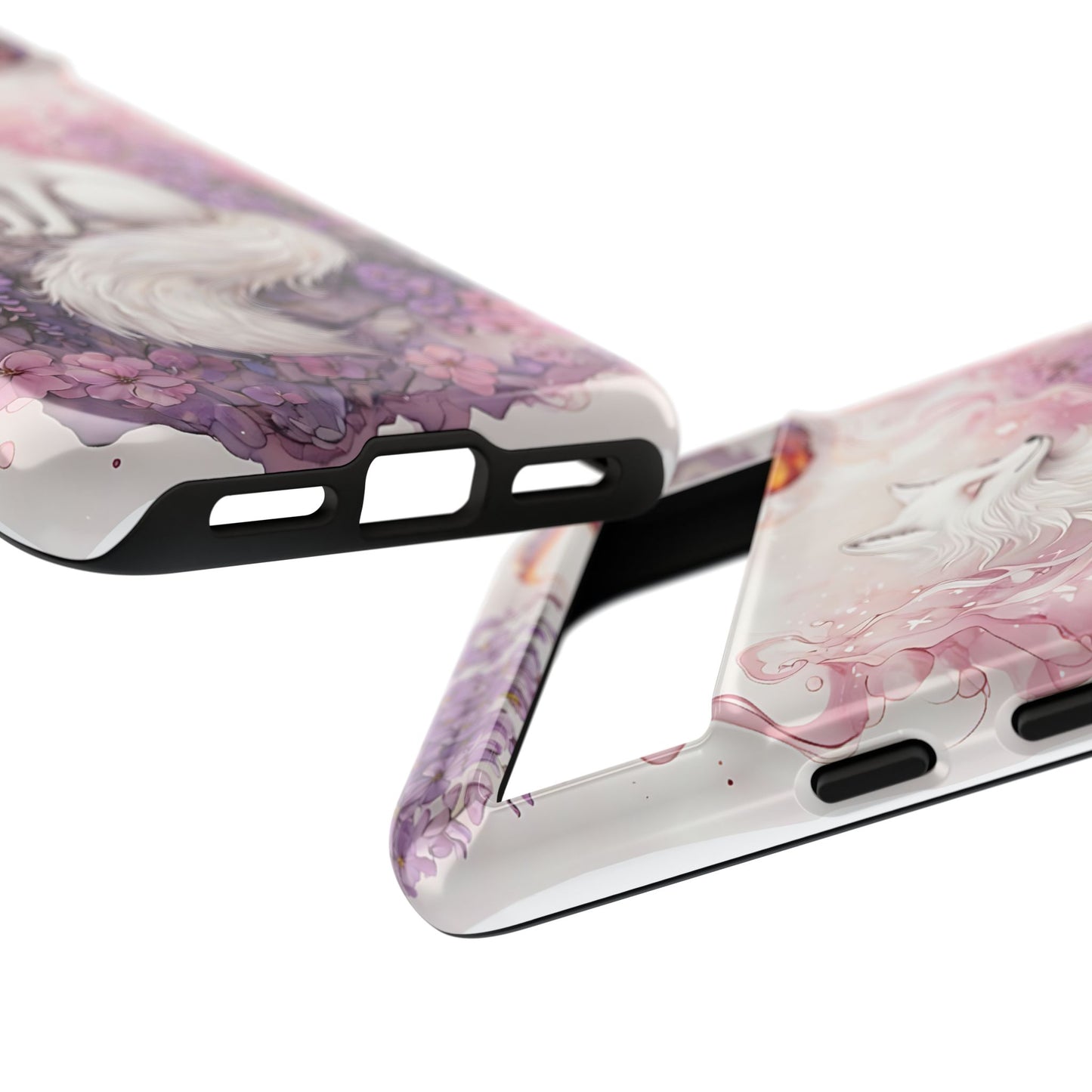 Whimsical White Fox Surrounded By Lavender And Pink Blooms phone case design.