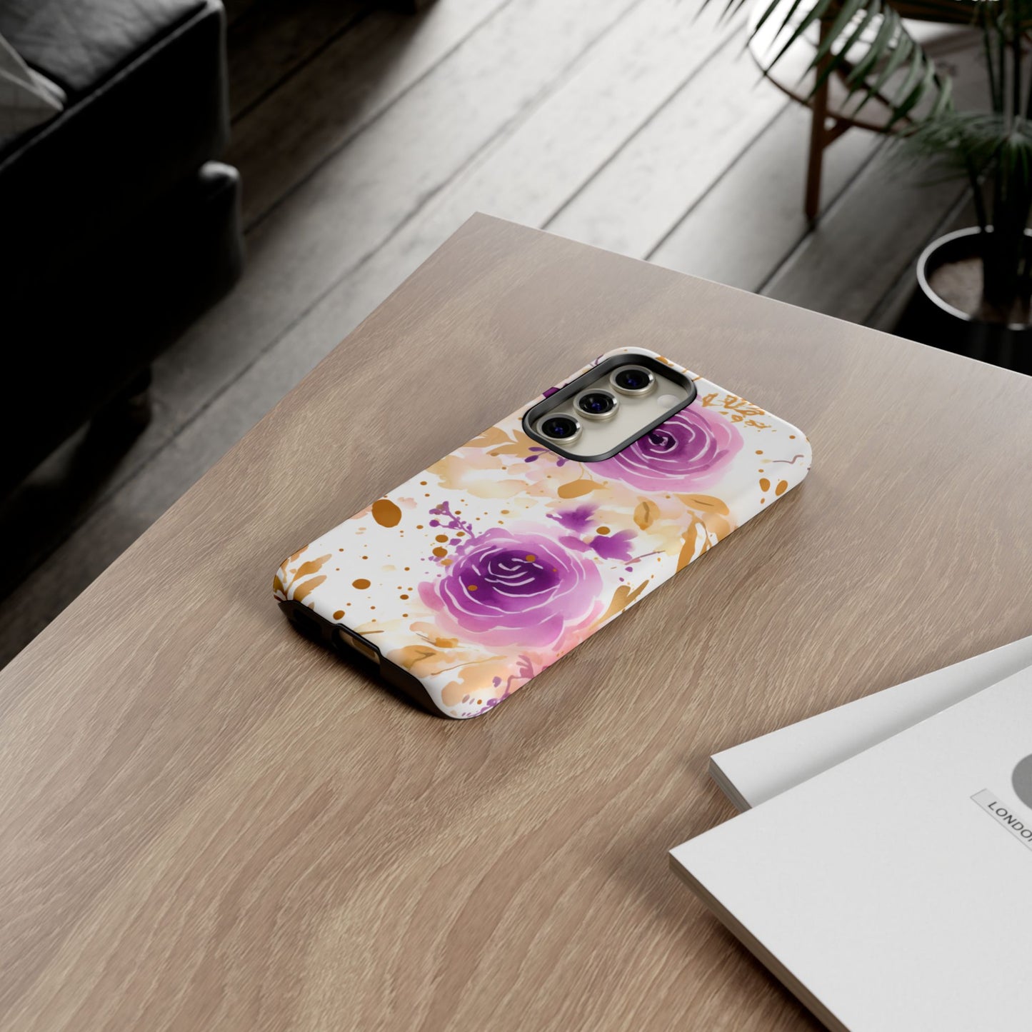 Purple Bloom Watercolor Mobile Case – Artistic Elegance in Gold & Lilac