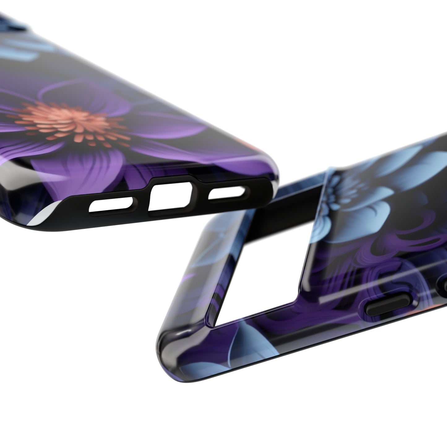 3D Floral Elegance Mobile Case – Midnight Blue & Purple Bloom