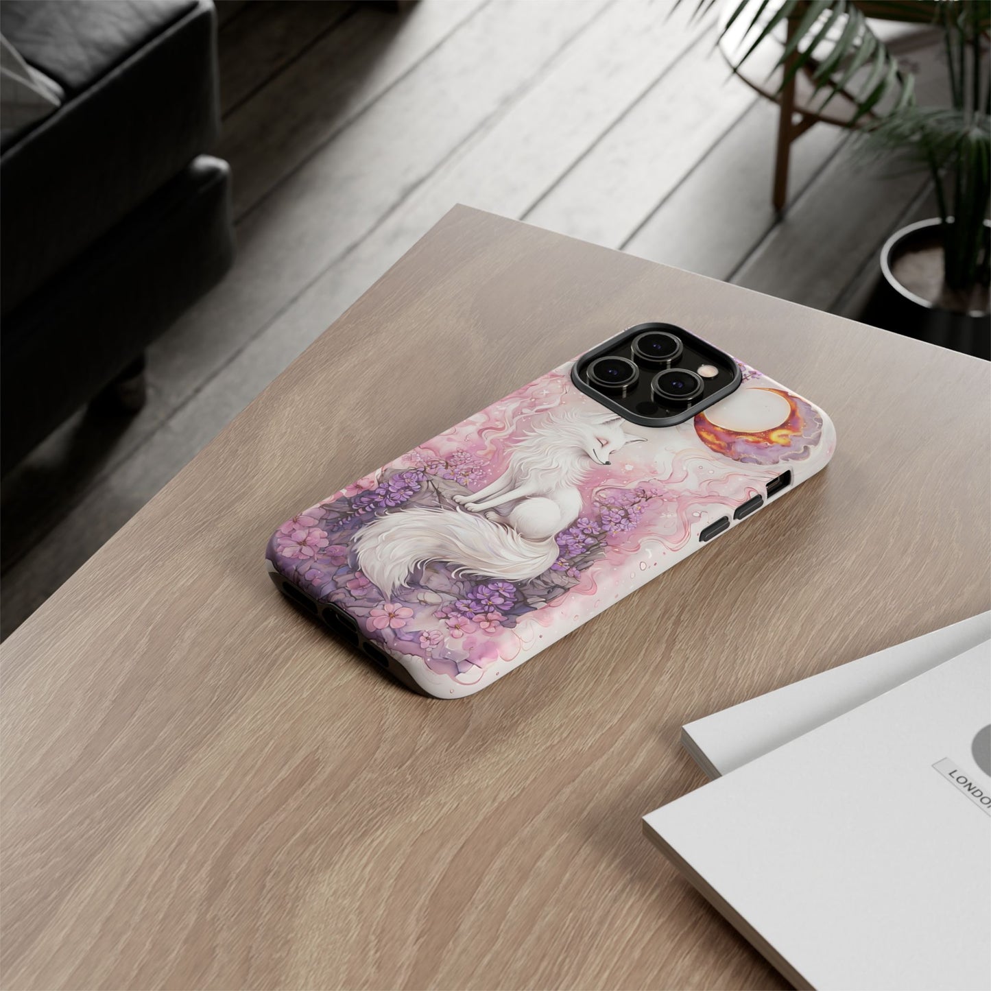 Whimsical White Fox Surrounded By Lavender And Pink Blooms phone case design.