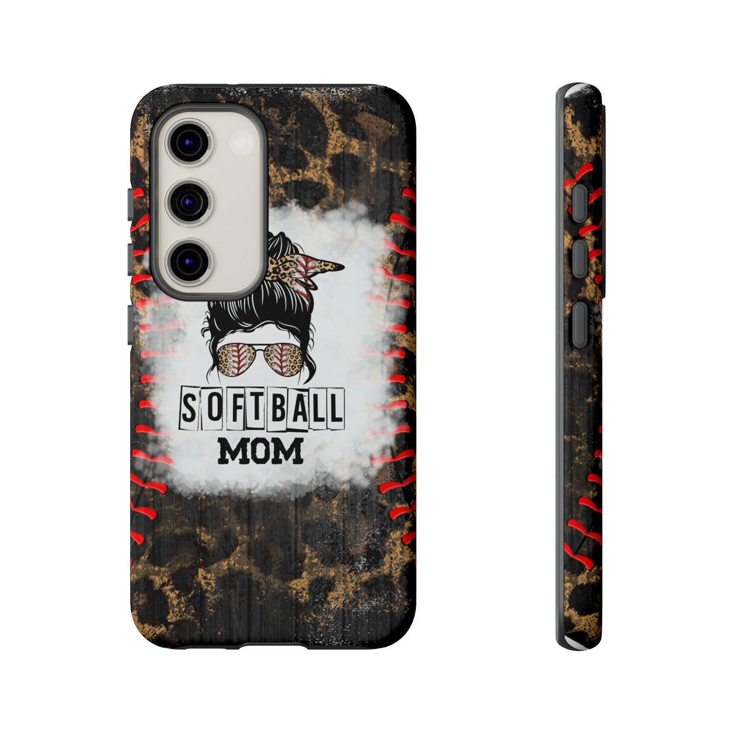 Softball Mom Phone Case for iPhone, Samsung & Google Pixel, Messy Bun Phone Case, Leopard Print Phone Case, Sports Lover Gift