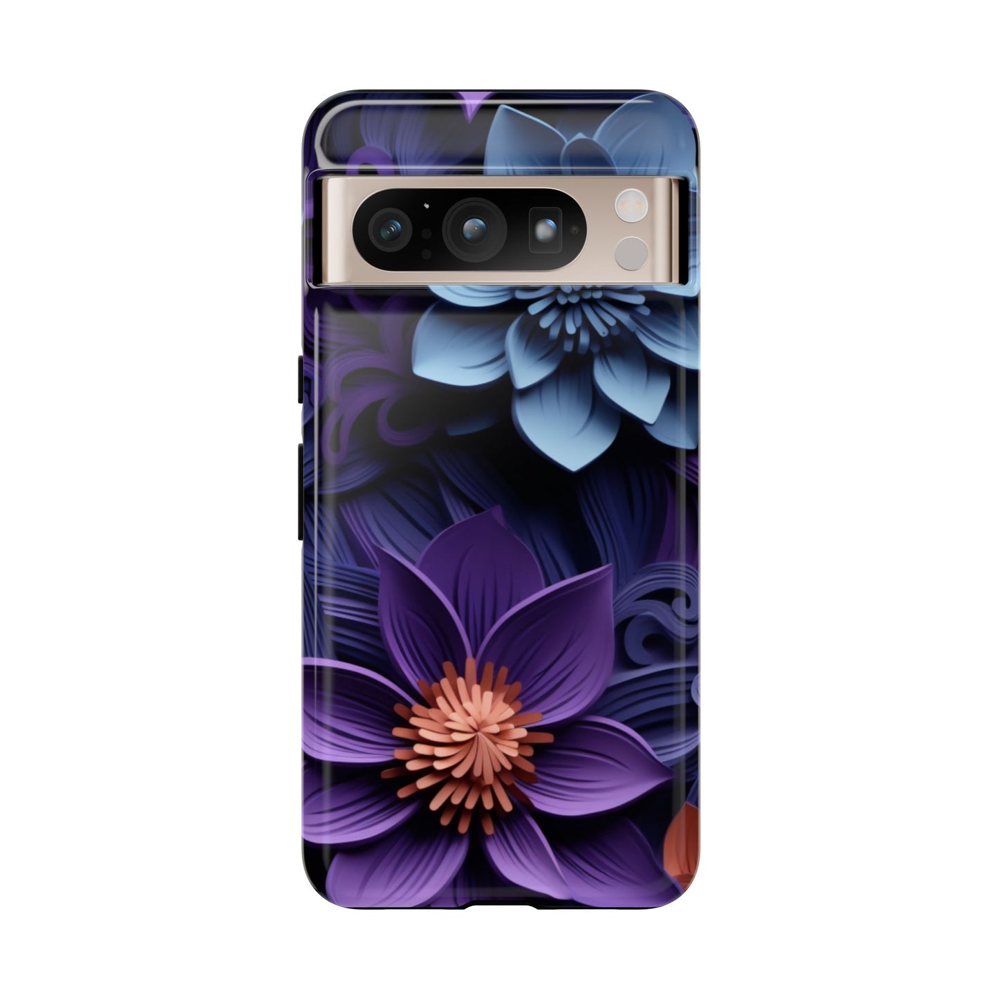 3D Floral Elegance Mobile Case – Midnight Blue & Purple Bloom