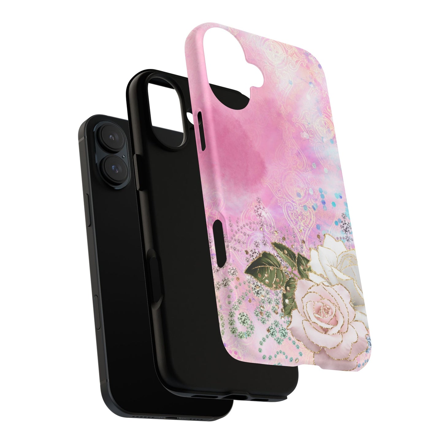 Luxury Pink & White Rose Glitter Mobile Case – Elegant & Shimmering Design
