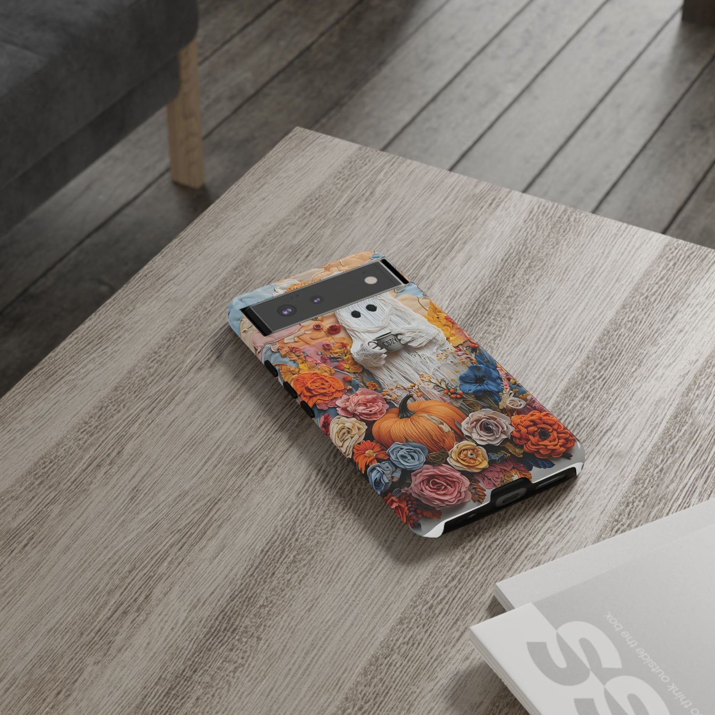 Colorful Whimsical Artwork of Ghost in Autumn Scene phone case design.