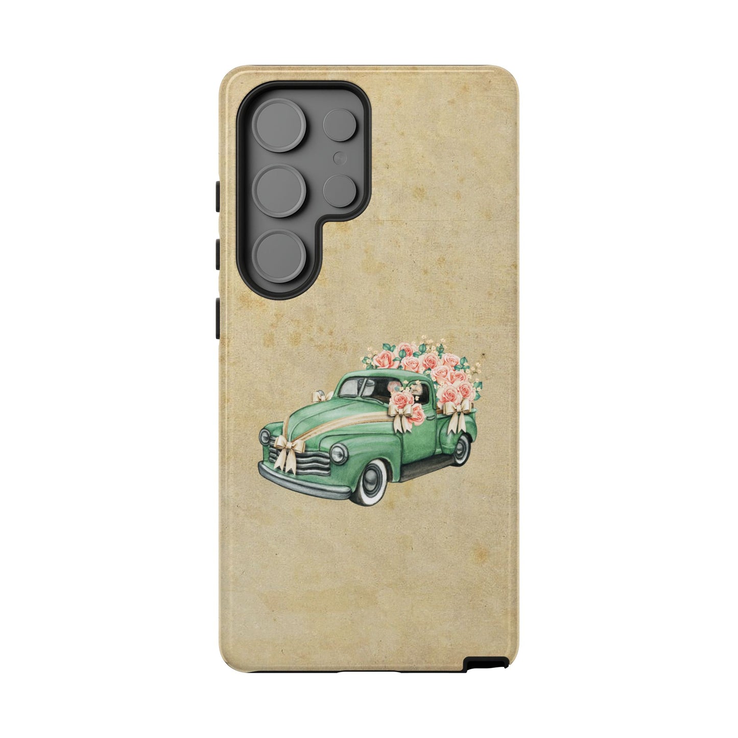 Minimal Vintage Floral Car Phone Case – Green Classic Car on Beige Background – for iPhone, Samsung & Google Pixel