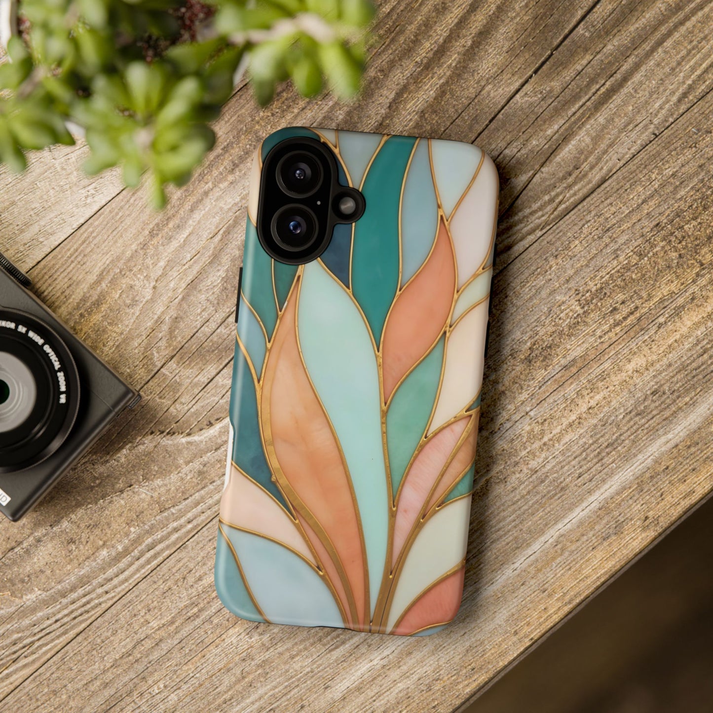 Geometric Leaves: Teal, Peach, and Gold Harmony