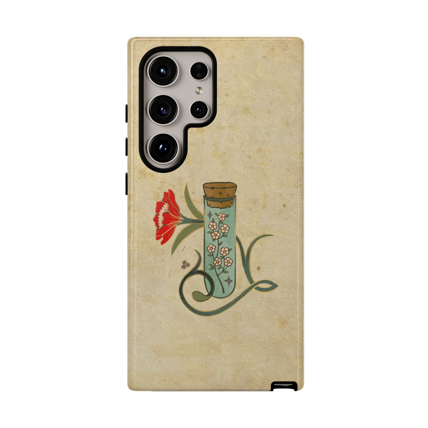 Vintage Floral Glass Tube Phone Case – Minimal Aesthetic, Beige Background (iPhone, Samsung, Pixel)