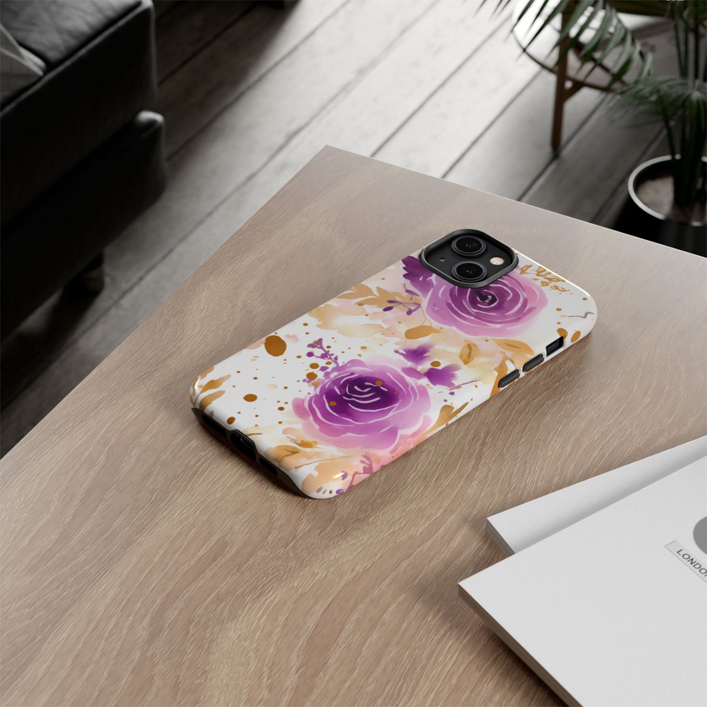 Purple Bloom Watercolor Mobile Case – Artistic Elegance in Gold & Lilac