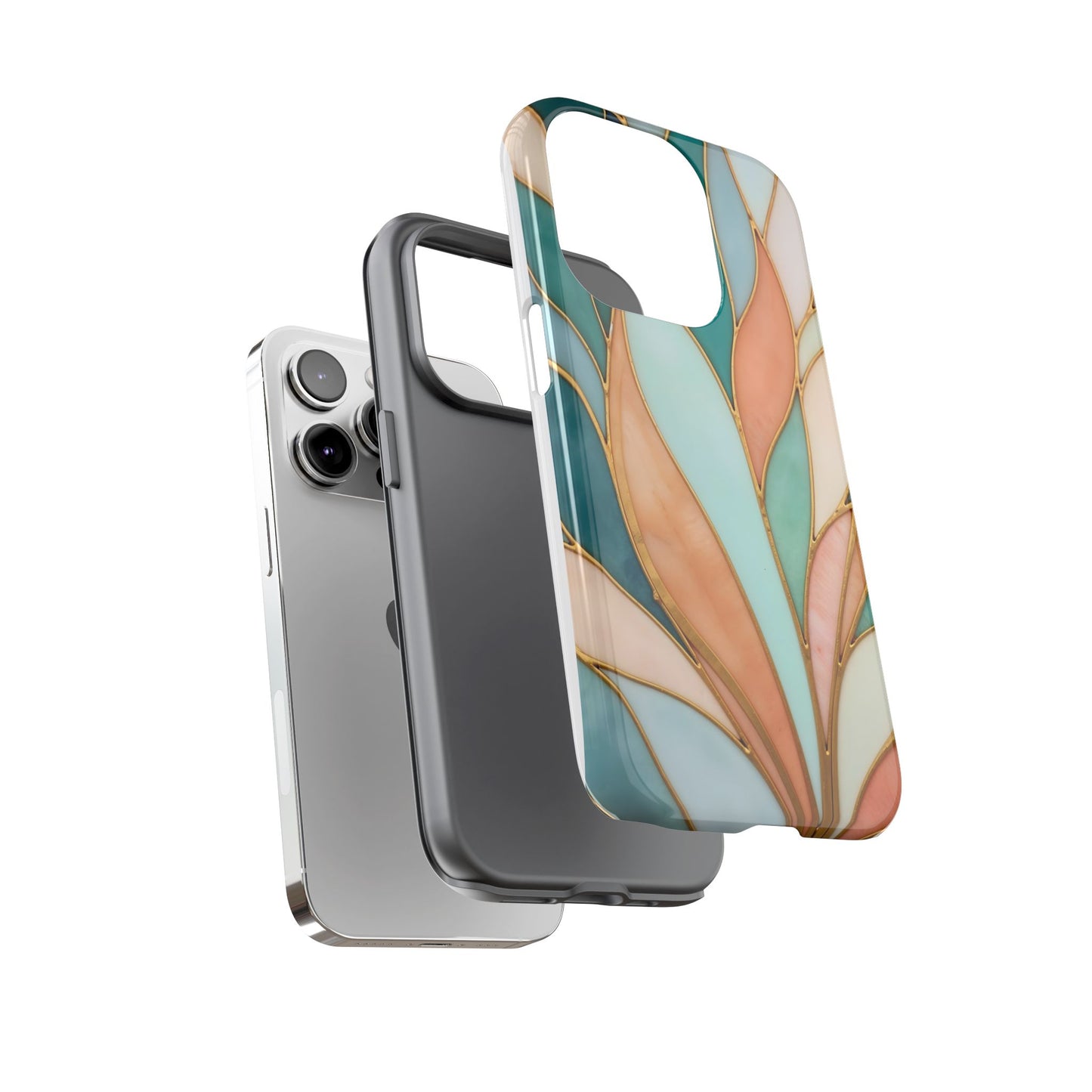 Geometric Leaves: Teal, Peach, and Gold Harmony