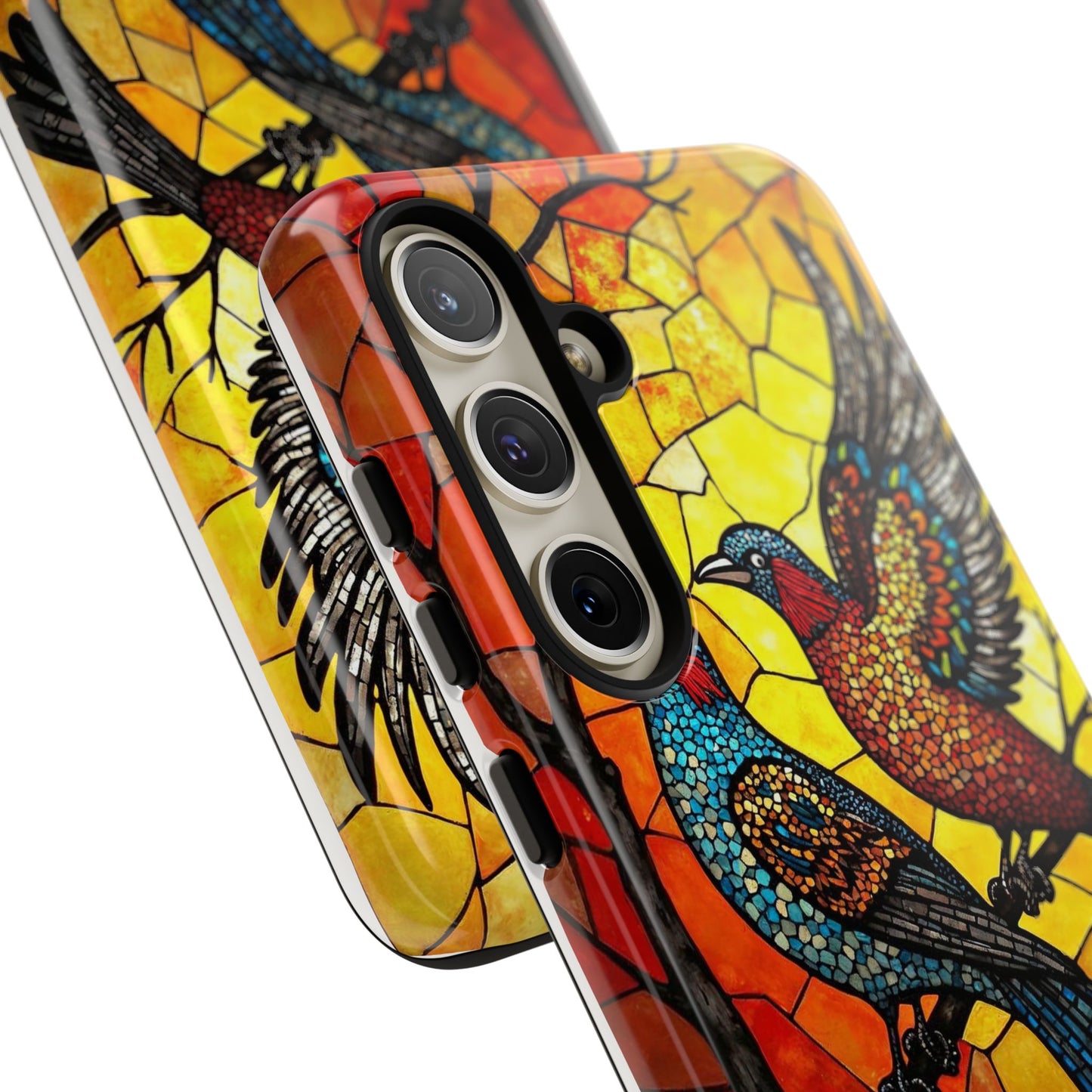 Vibrant Hummingbirds with Stained Glass Charm