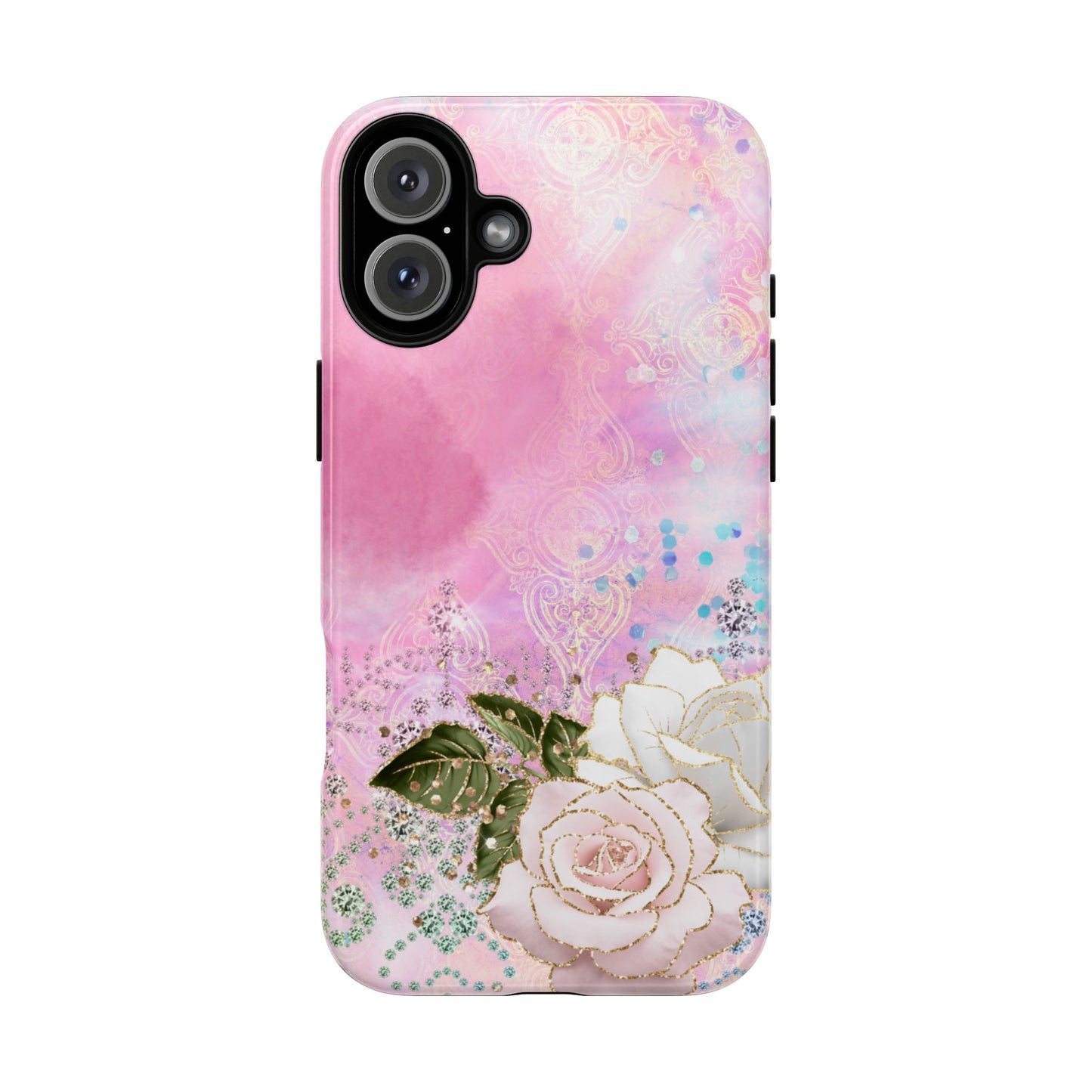 Luxury Pink & White Rose Glitter Mobile Case – Elegant & Shimmering Design