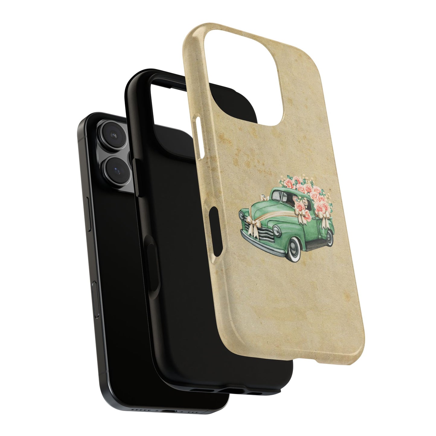 Minimal Vintage Floral Car Phone Case – Green Classic Car on Beige Background – for iPhone, Samsung & Google Pixel