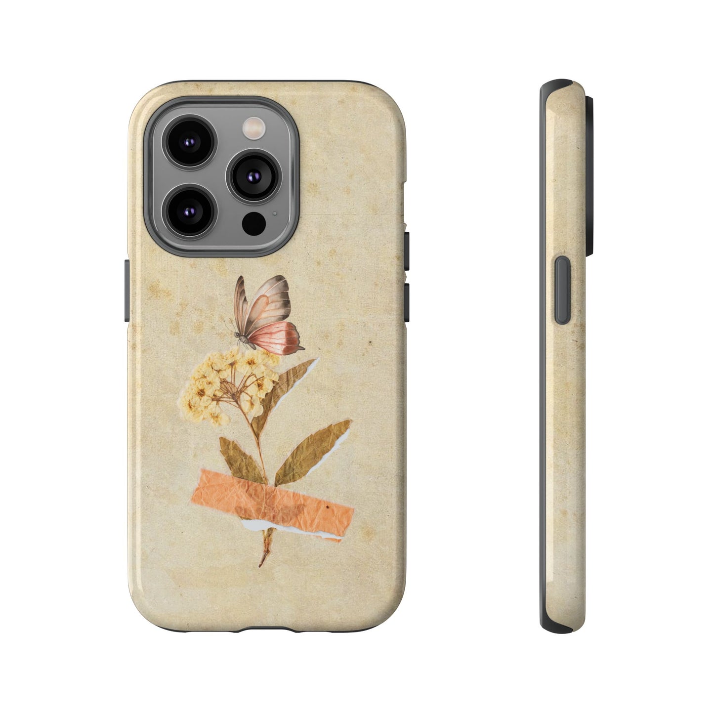 Minimal Vintage Floral Phone Case – Yellow Flower & Butterfly on Beige | For iPhone, Samsung & Google Pixel