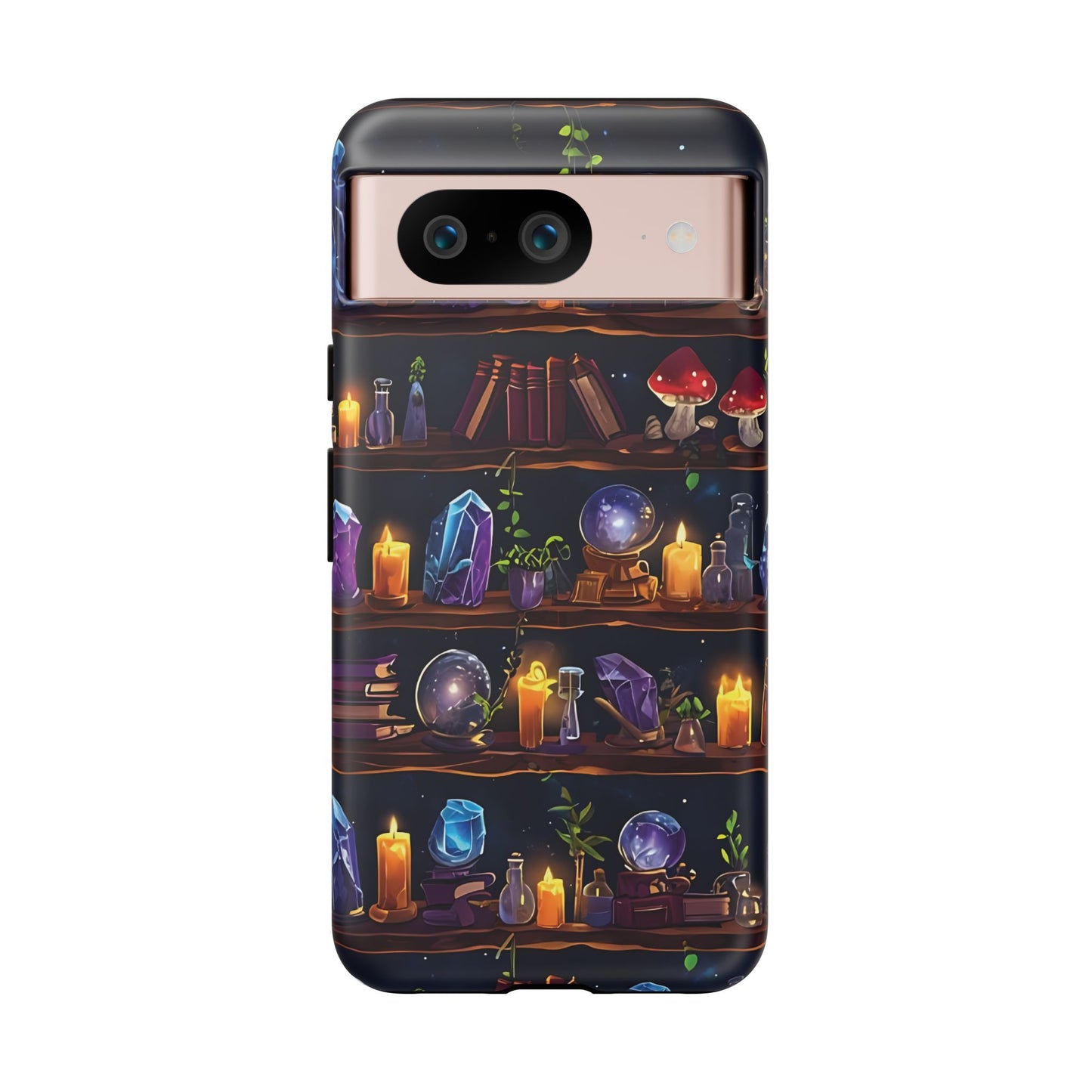Fantasy Seamless Pattern Of Wooden Shelves Filled With Mystical Items phone case design.