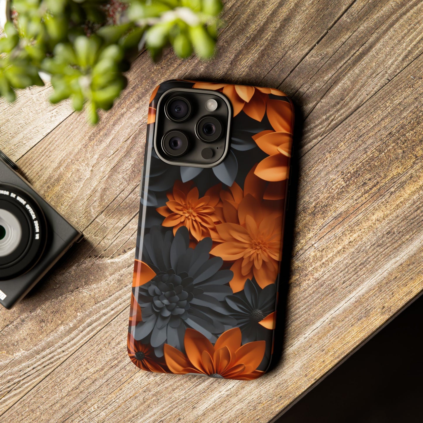 Orange & Black 3D Floral Mobile Case
