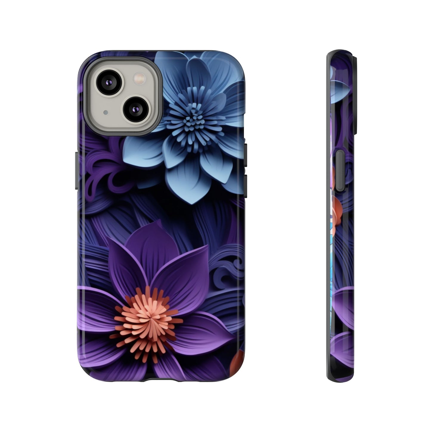 3D Floral Elegance Mobile Case – Midnight Blue & Purple Bloom