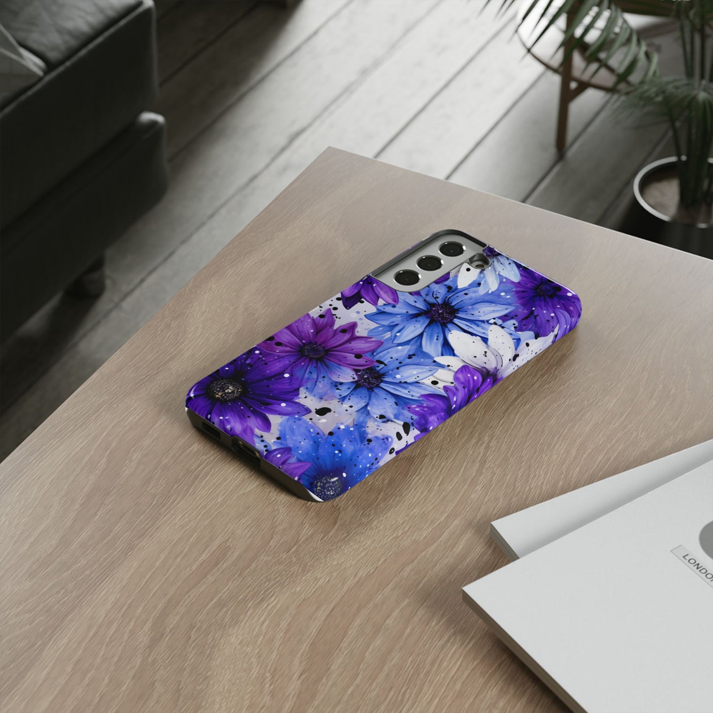 Blue & Purple Floral Splash Mobile Cover – Elegant Artistic Flowers
