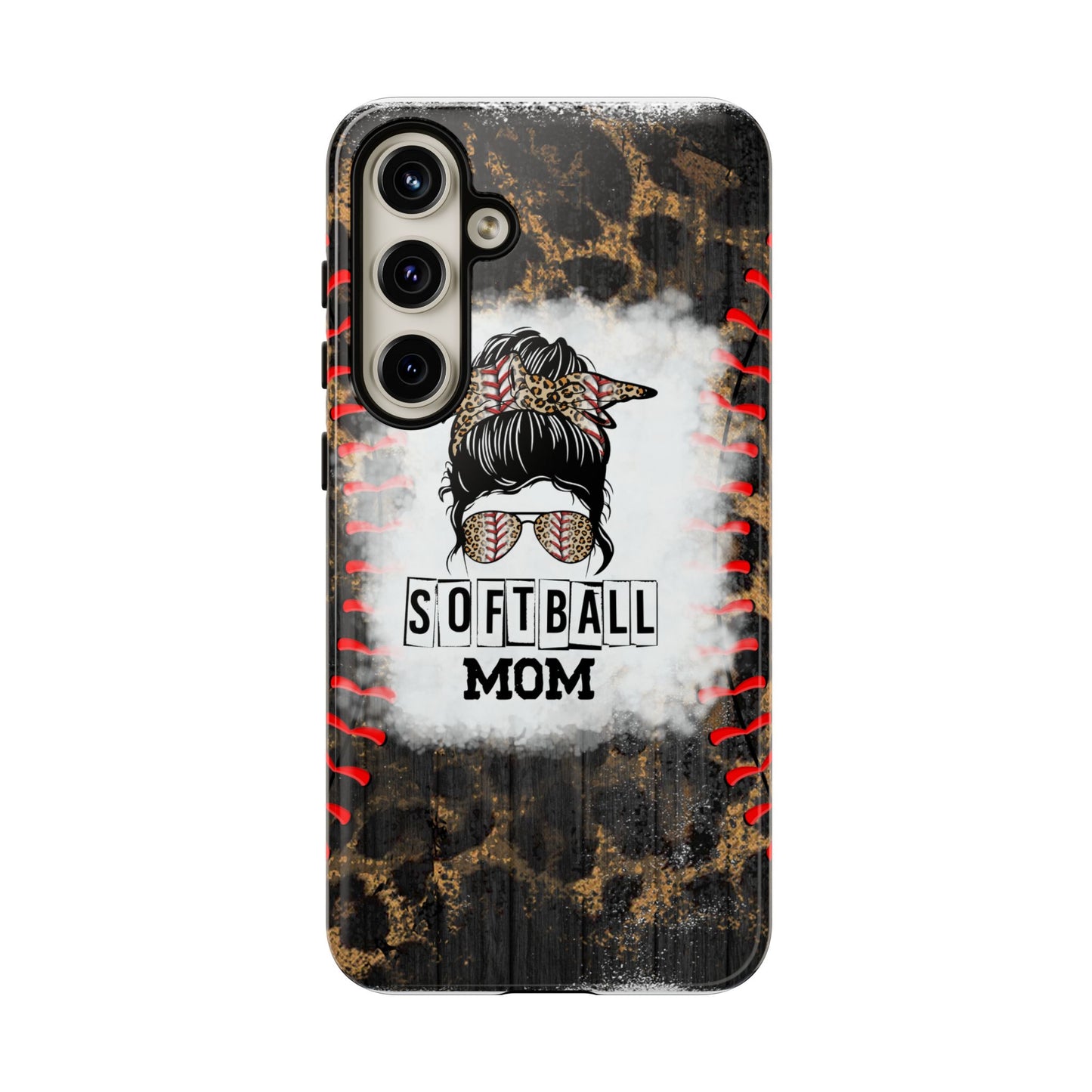 Softball Mom Phone Case for iPhone, Samsung & Google Pixel, Messy Bun Phone Case, Leopard Print Phone Case, Sports Lover Gift