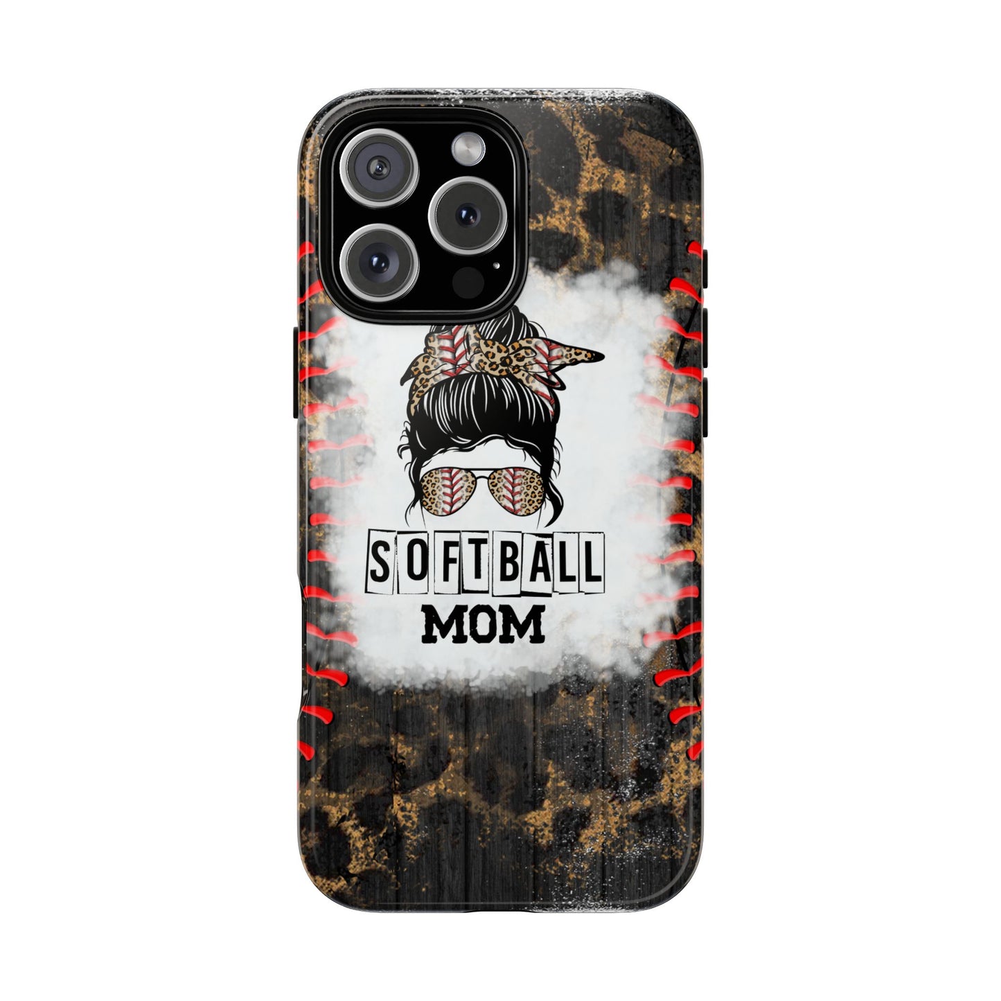 Softball Mom Phone Case for iPhone, Samsung & Google Pixel, Messy Bun Phone Case, Leopard Print Phone Case, Sports Lover Gift