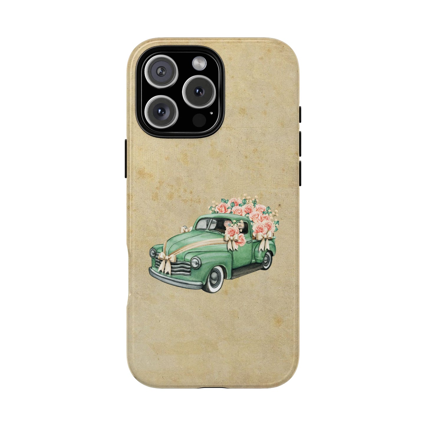 Minimal Vintage Floral Car Phone Case – Green Classic Car on Beige Background – for iPhone, Samsung & Google Pixel