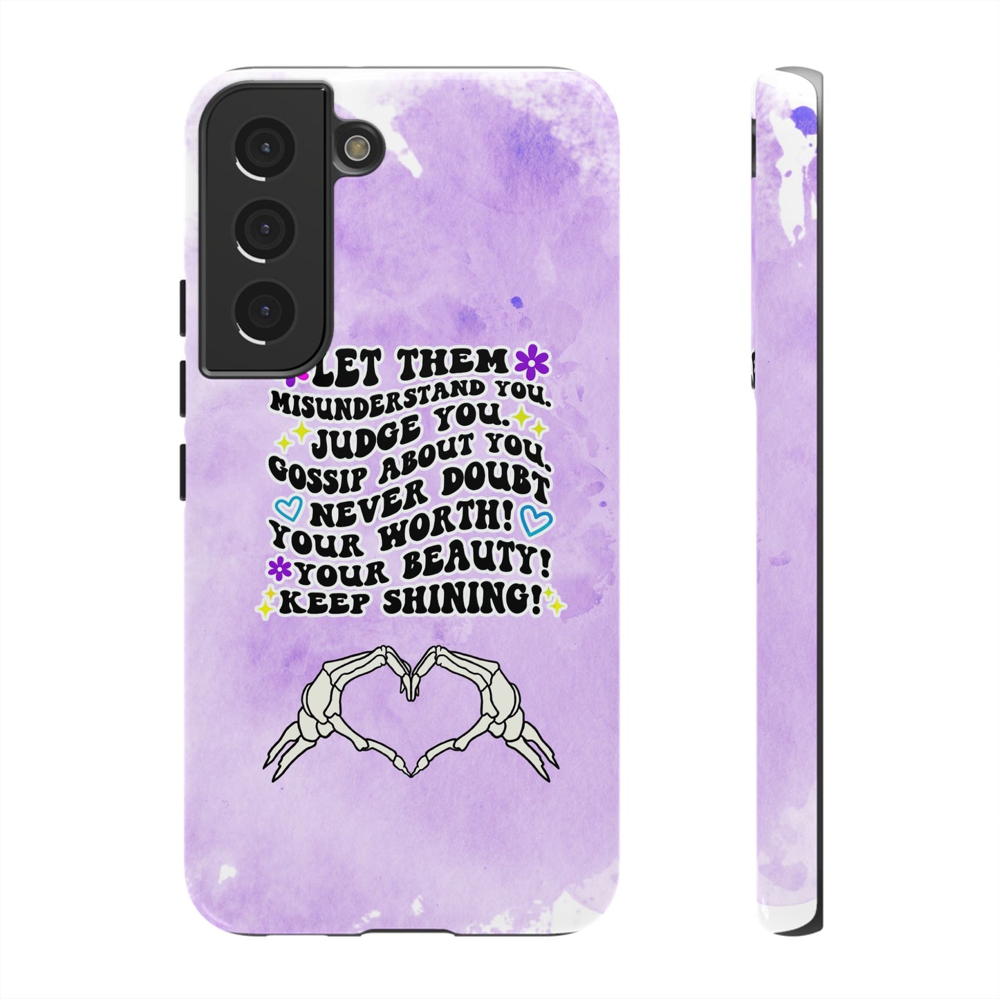 Skeleton Hand Heart Phone Case, Let Them Misunderstand You, Judge You, Gossip About You, Never Doubt Your Worth, Your Beauty Keep Shining Phone Case, Motivational Quote Cover for iPhone, Samsung & Google Pixel White Peach Checkered Pattern Phone Cover