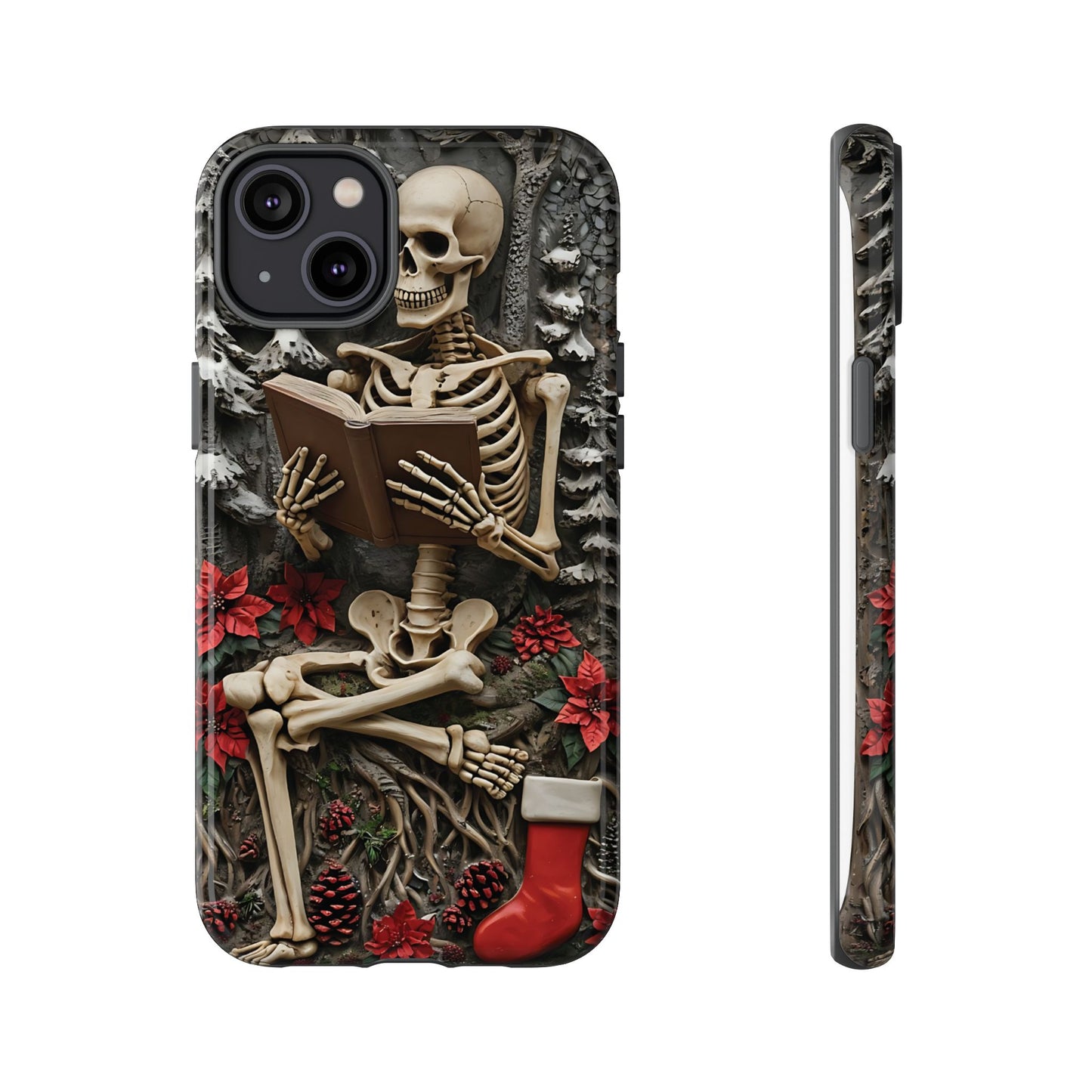 Surreal Relief Sculpture of Skeleton Reading Amidst Festive Decor phone case design