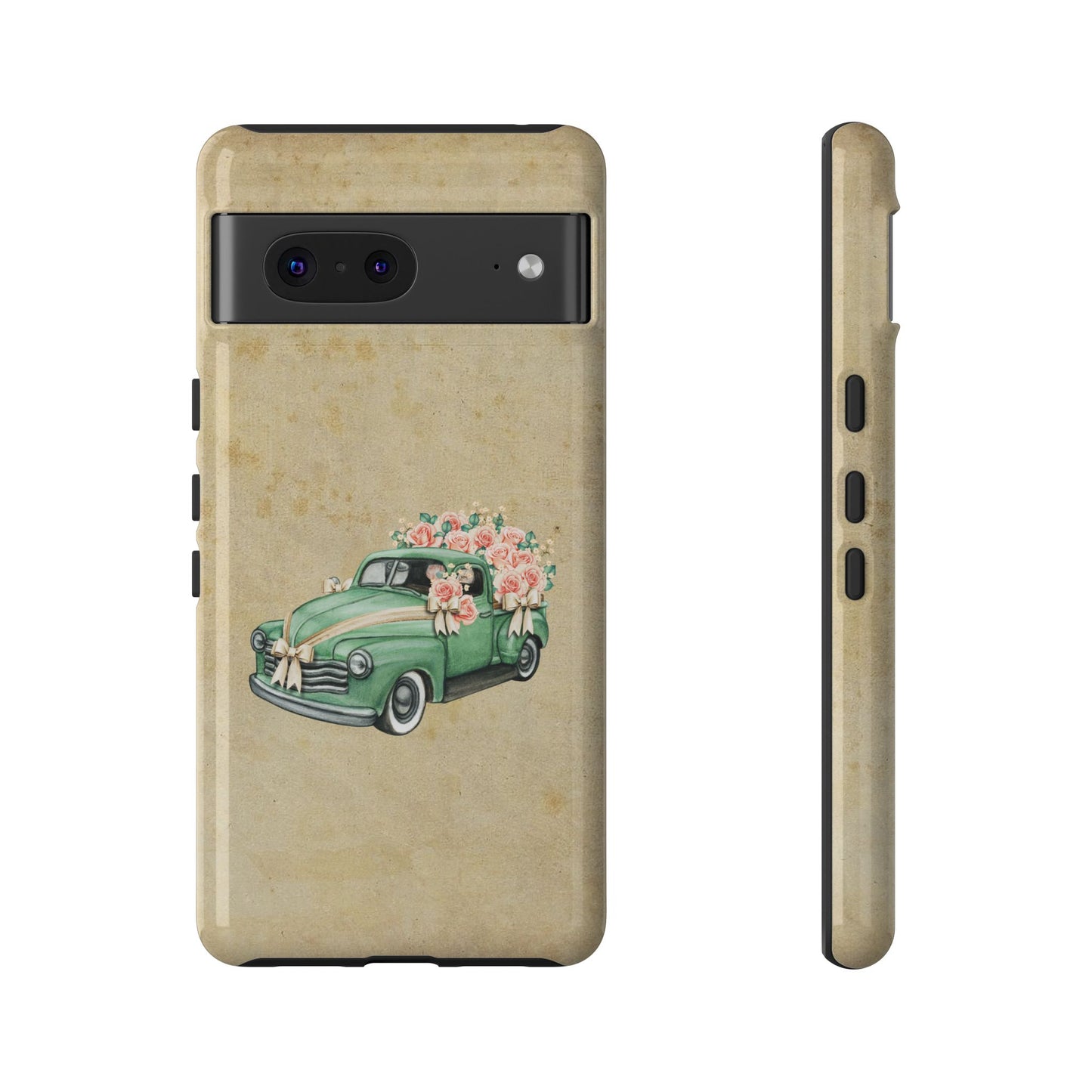 Minimal Vintage Floral Car Phone Case – Green Classic Car on Beige Background – for iPhone, Samsung & Google Pixel