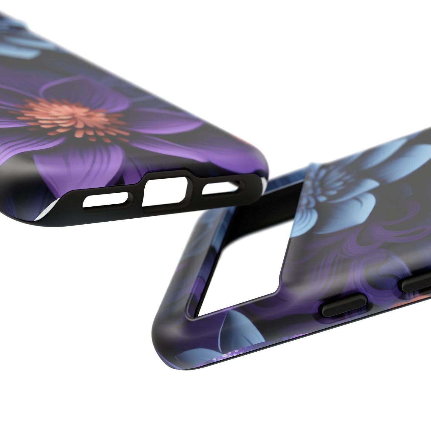 3D Floral Elegance Mobile Case – Midnight Blue & Purple Bloom