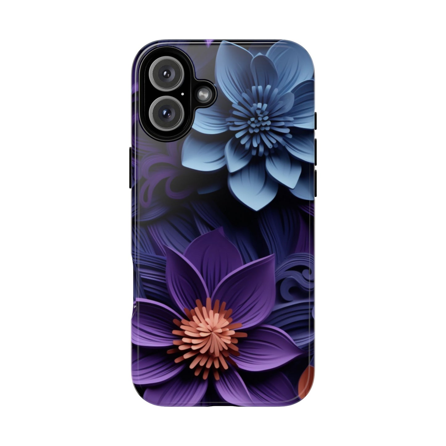 3D Floral Elegance Mobile Case – Midnight Blue & Purple Bloom