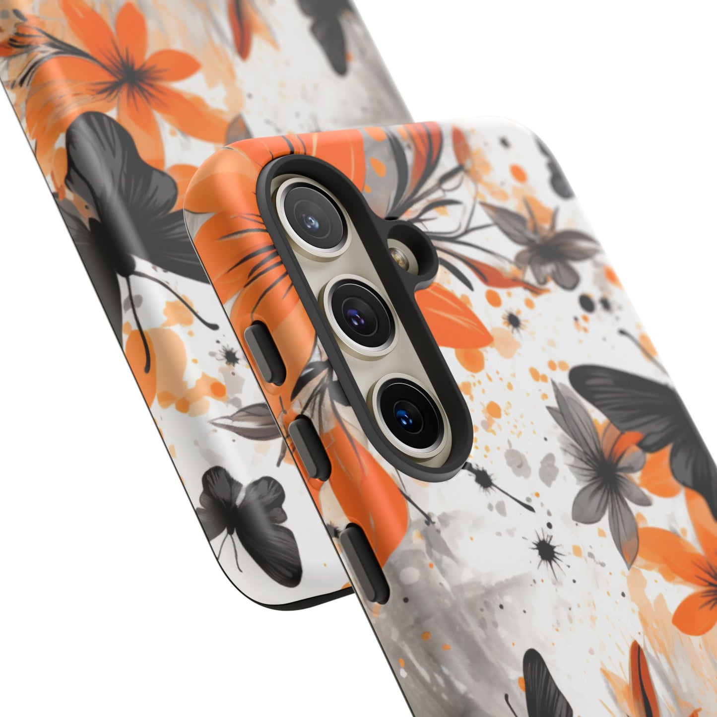 Bold Butterfly & Floral Splash Mobile Cover – Black & Orange Aesthetic