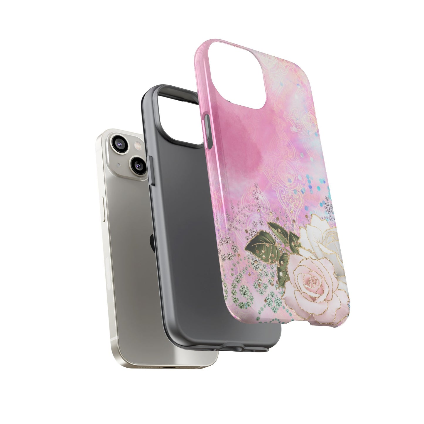 Luxury Pink & White Rose Glitter Mobile Case – Elegant & Shimmering Design