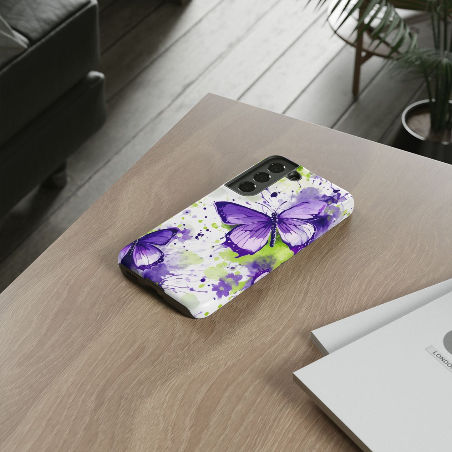 Vibrant Purple Butterfly Splash Mobile Cover – Artistic Green & Violet Aesthetic