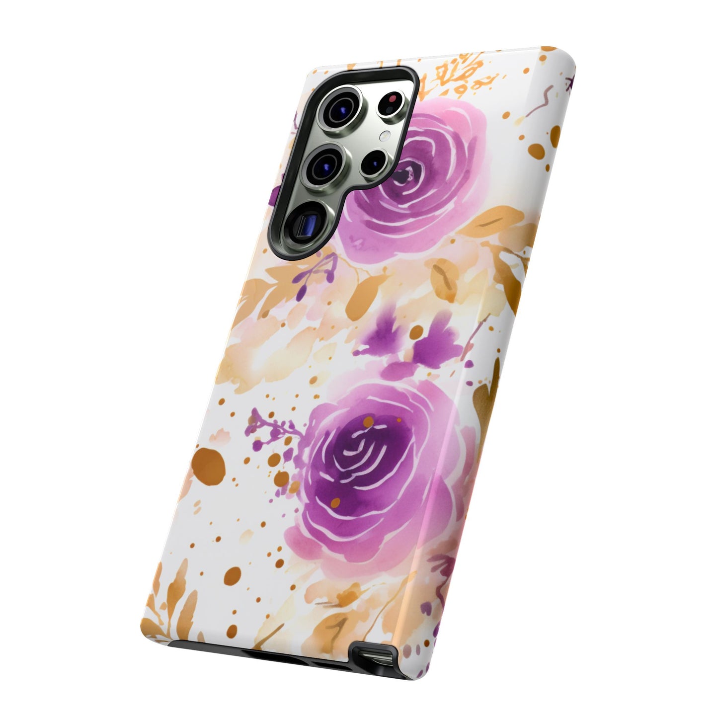 Purple Bloom Watercolor Mobile Case – Artistic Elegance in Gold & Lilac
